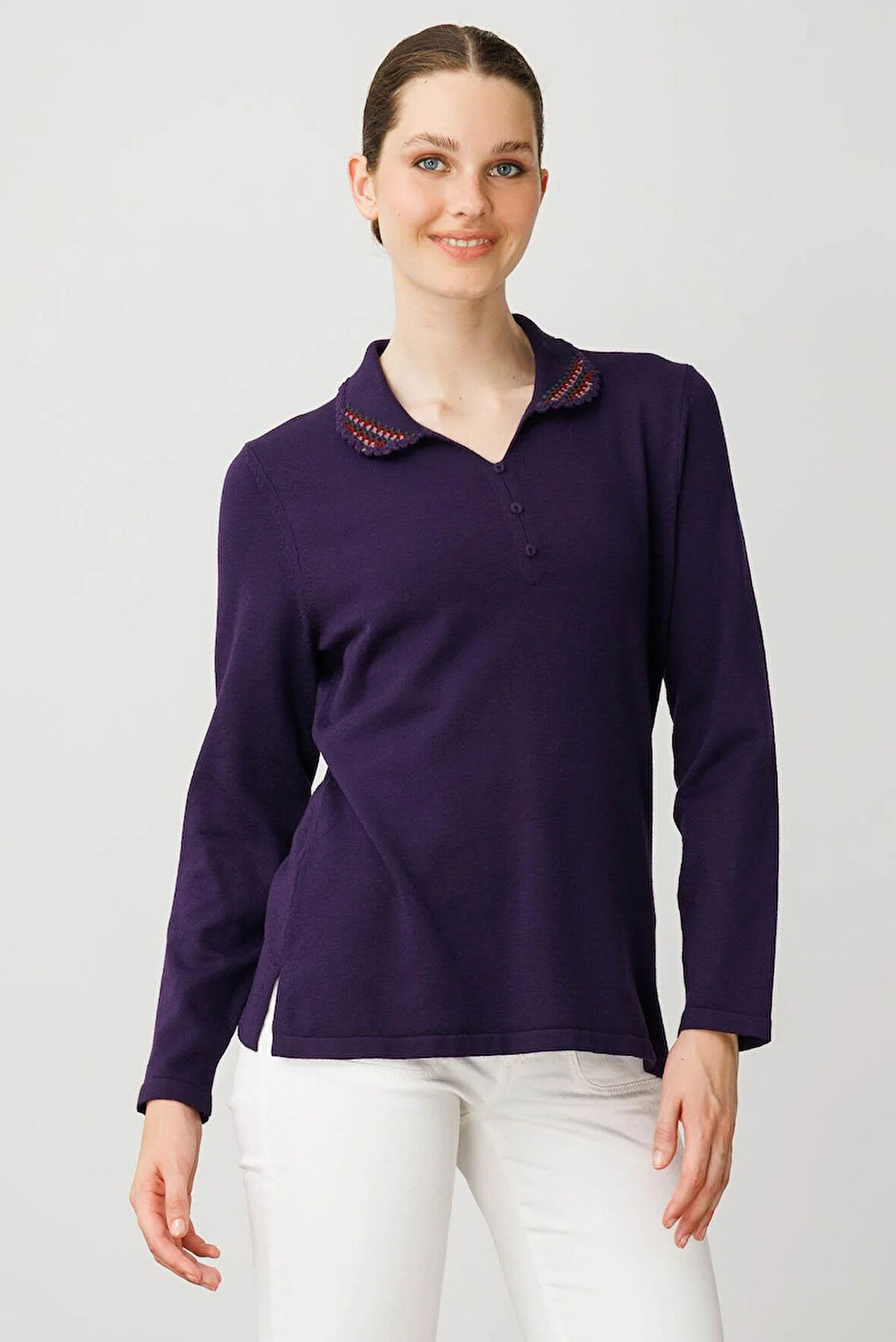 Kadın Polo Yaka Likralı Pamuklu Bluz K.Mor