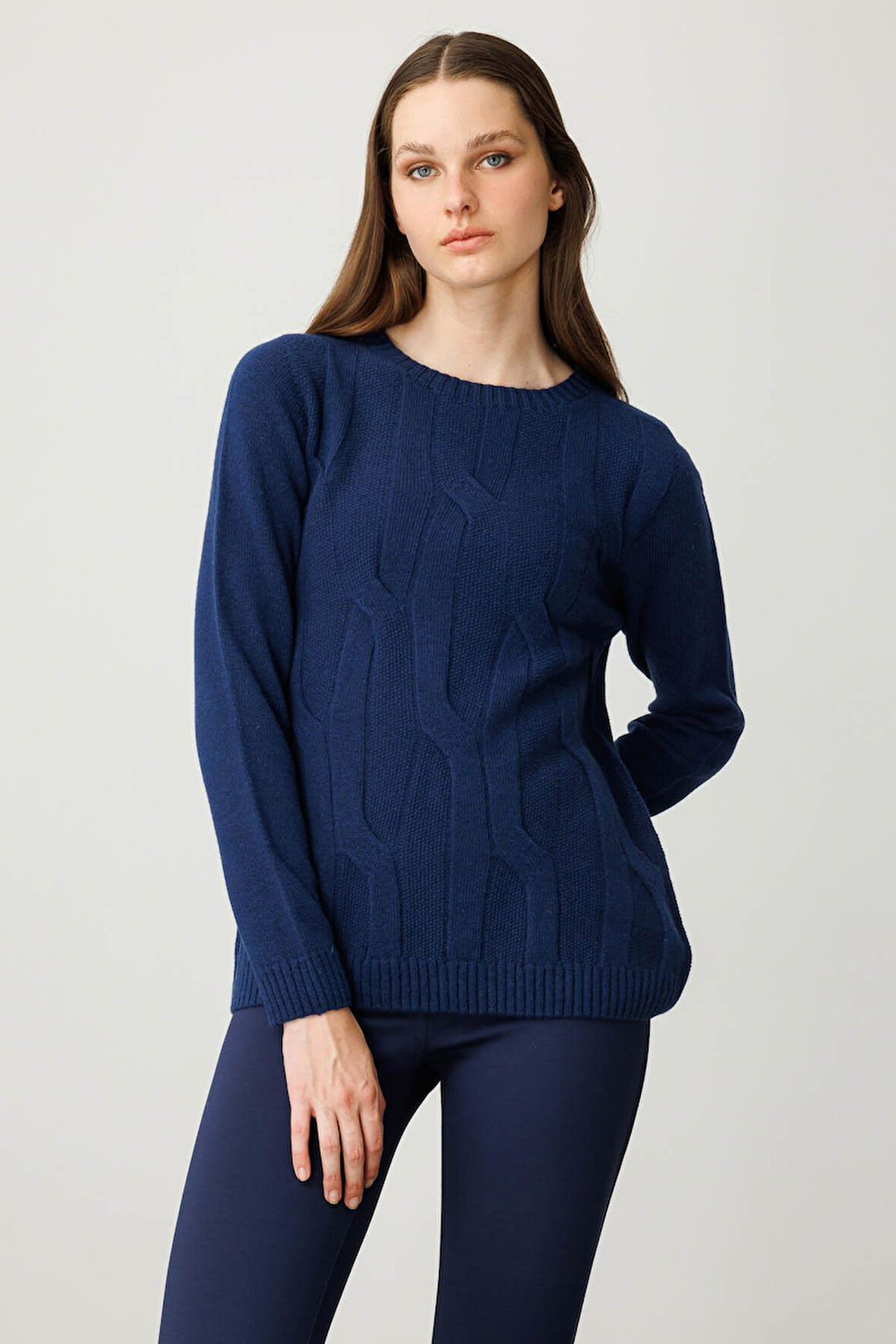 Kadın Sıfır Yaka Kalın Yürütmeli Yün Kazak İndigo