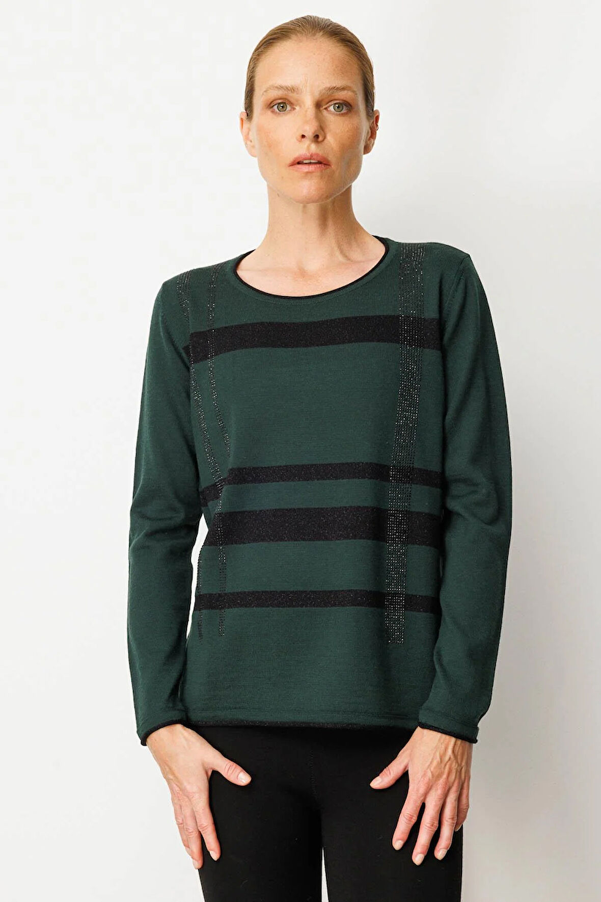 Kadın Sıfır Yaka Sim Çizgili Taşlı Yün Bluz Yeşil