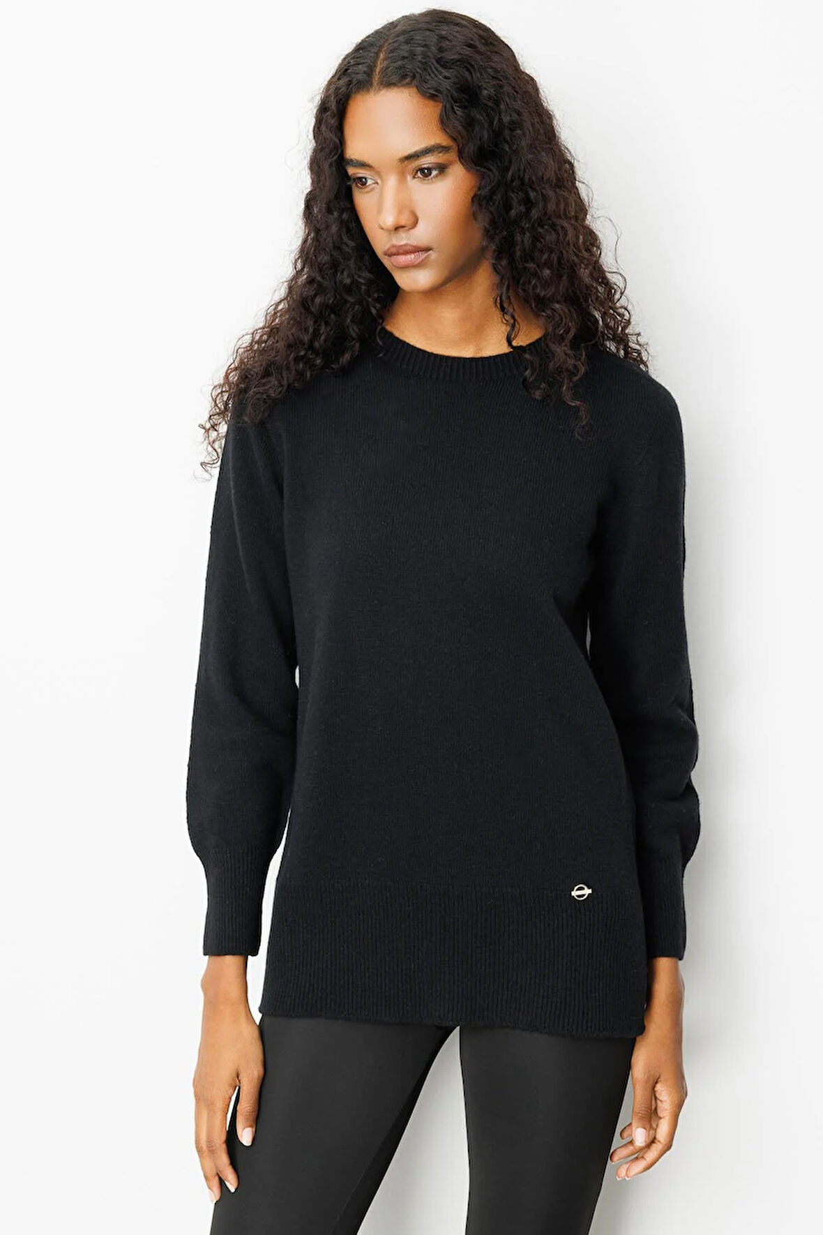 Kadın Sıfır Yaka Yanı Yırtmaçlı Yün Kazak Siyah