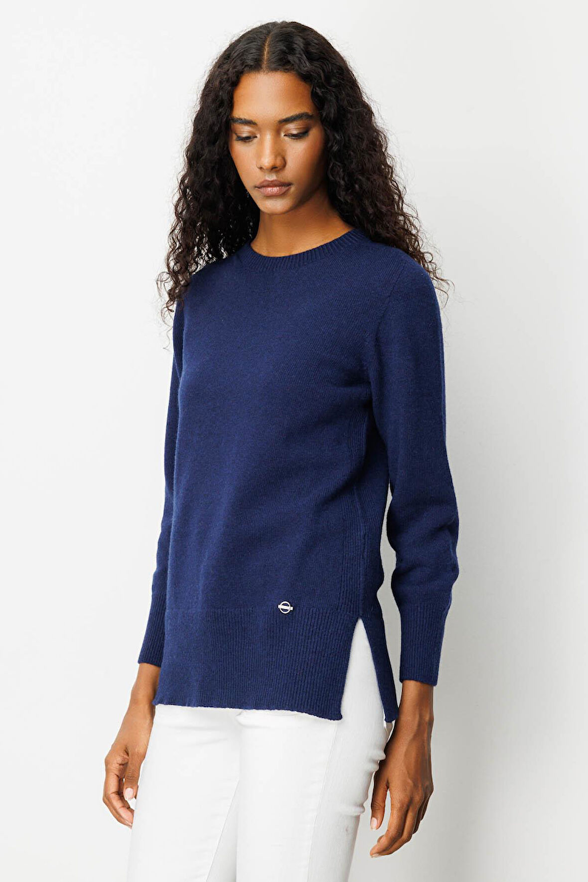 Kadın Sıfır Yaka Yanı Yırtmaçlı Yün Kazak Y.A Lacivert