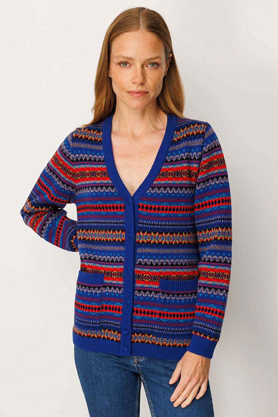 Kadın V Yaka Jakarlı Yün Hırka K.S.Mavi