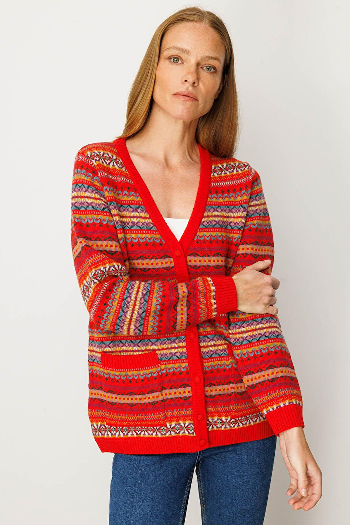 Kadın V Yaka Jakarlı Yün Hırka Mercan