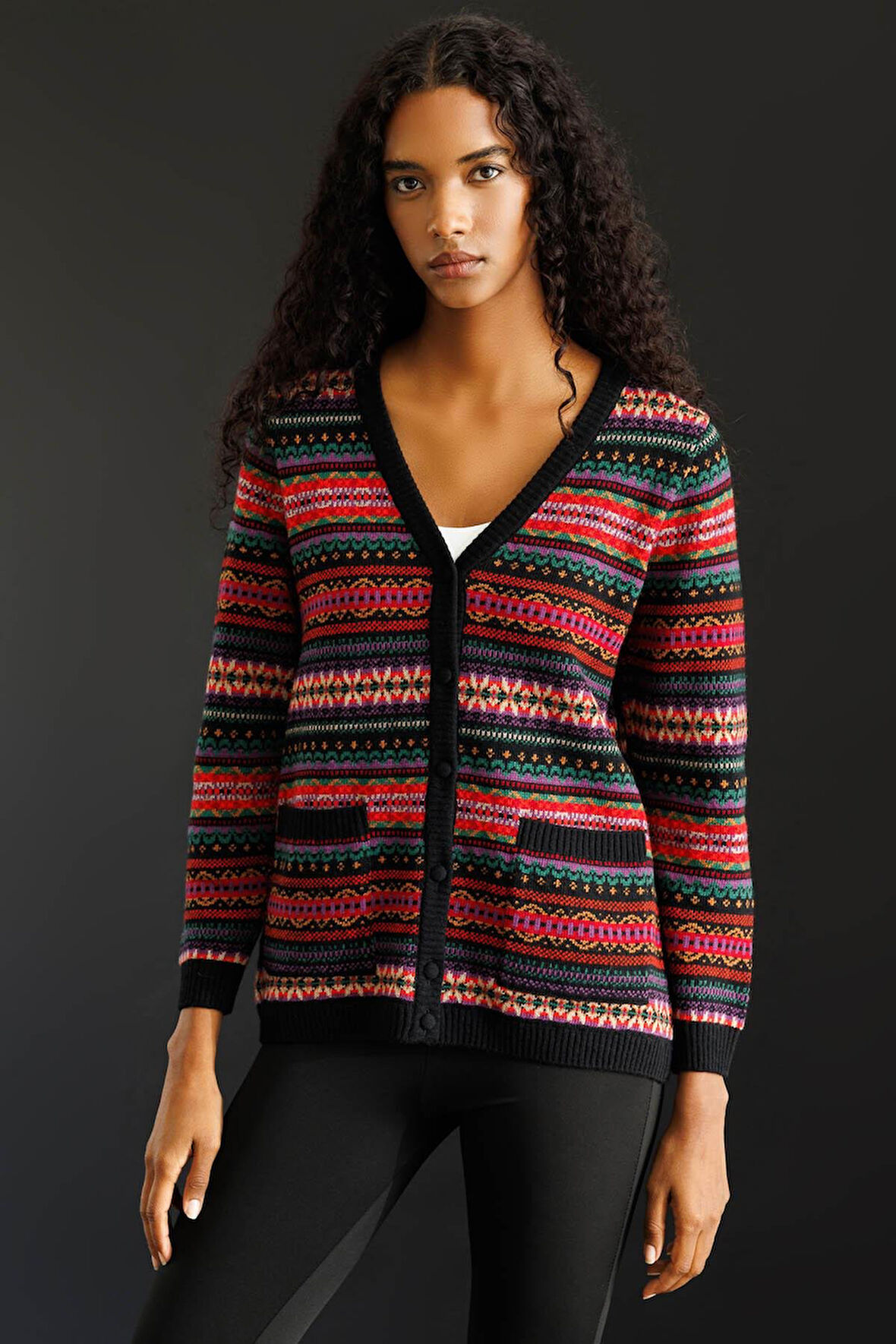 Kadın V Yaka Jakarlı Yün Hırka Siyah