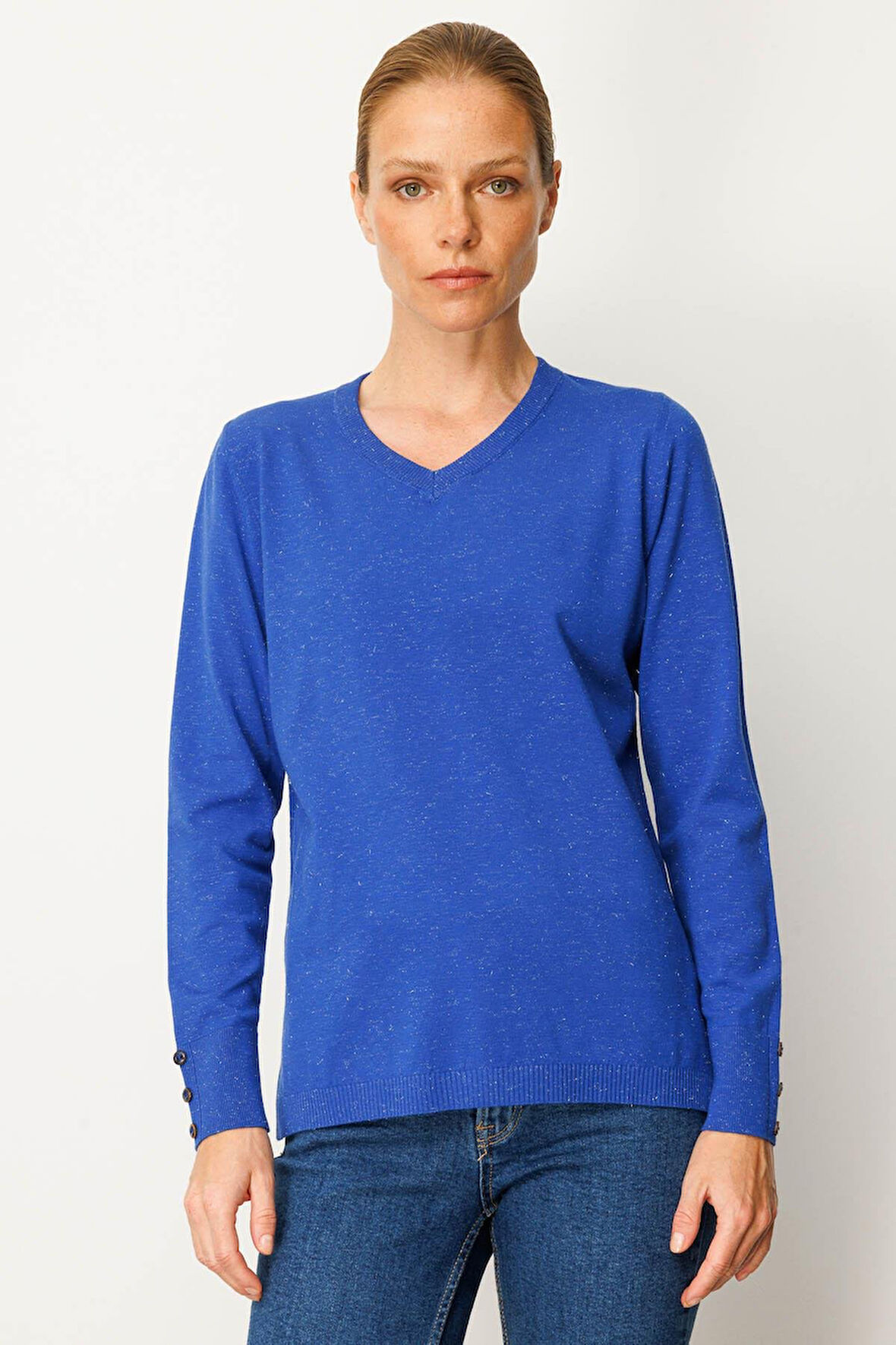 Kadın V Yaka Kolları Düğmeli Simli Bluz S.Mavi