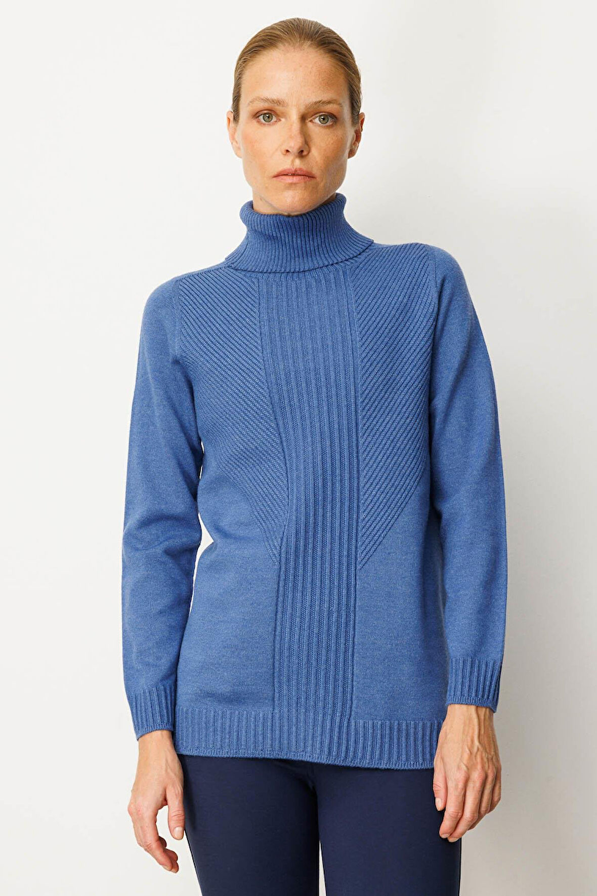 Kadın Tam Balıkçı Yaka Önü Uzun Çizgili Kazak İndigo