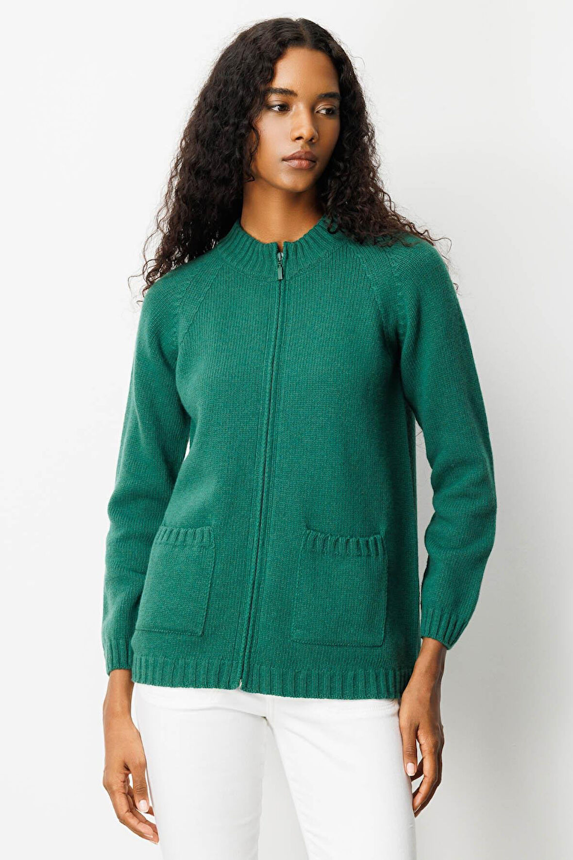 Kadın Dik Yaka Cepli Basic Yün Hırka Ö.Başı