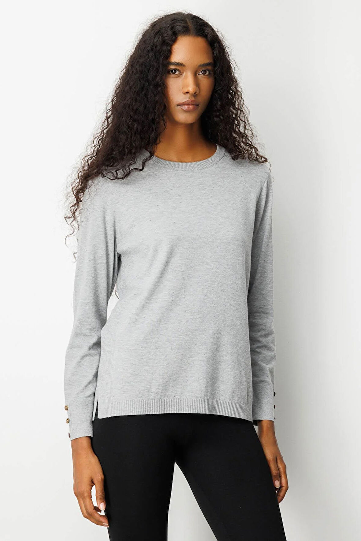 Kadın Sıfır Yaka Yırtmaçlı Yanı Düğmeli Bluz Gri