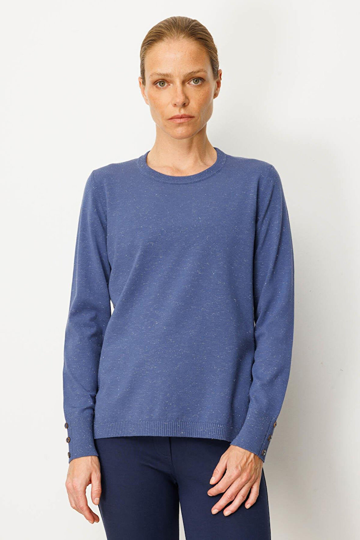 Kadın Sıfır Yaka Yırtmaçlı Yanı Düğmeli Bluz İndigo