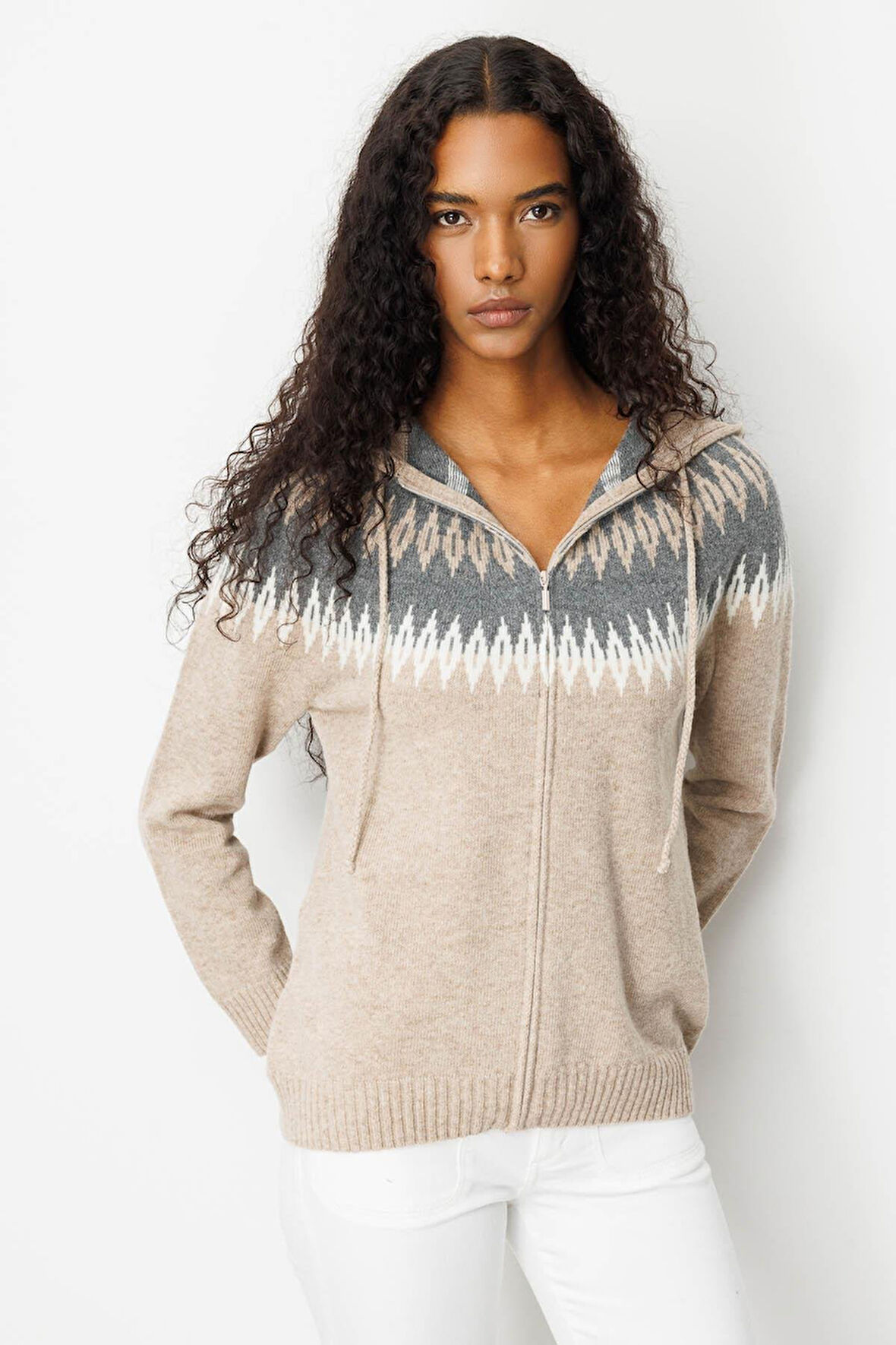 Kadın Kapüşonlu Robası Baklavalı Hırka K.Bej