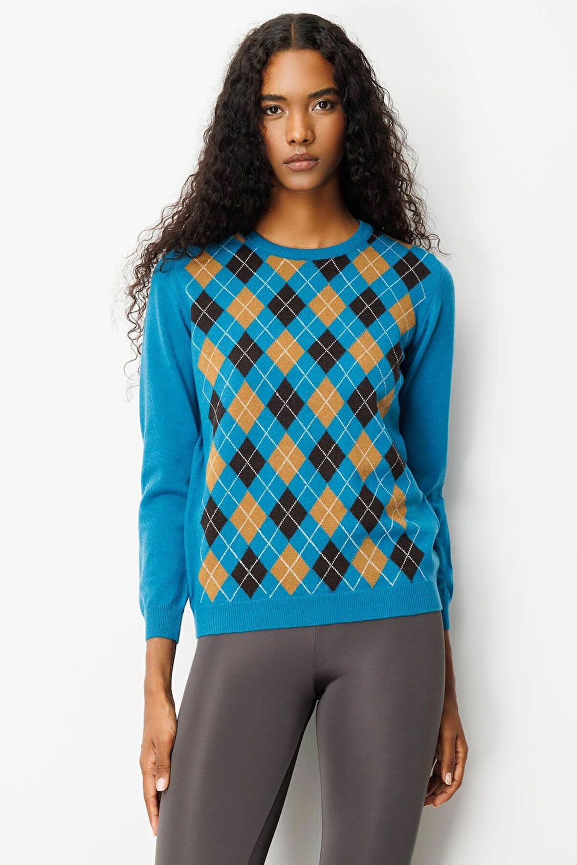 Kadın Sıfır Yaka Önü Baklava Desenli Yün Kazak A.Petrol