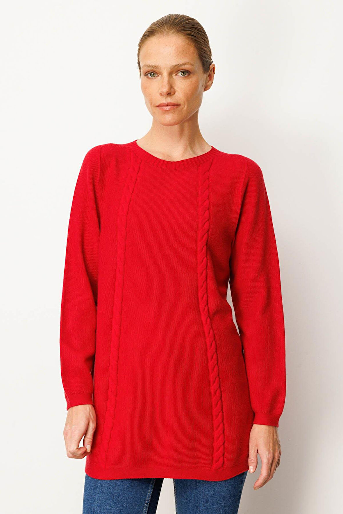 Kadın Triko Yanı Yırtmaçlı Pirinç Örgü Kazak K.Kırmızı