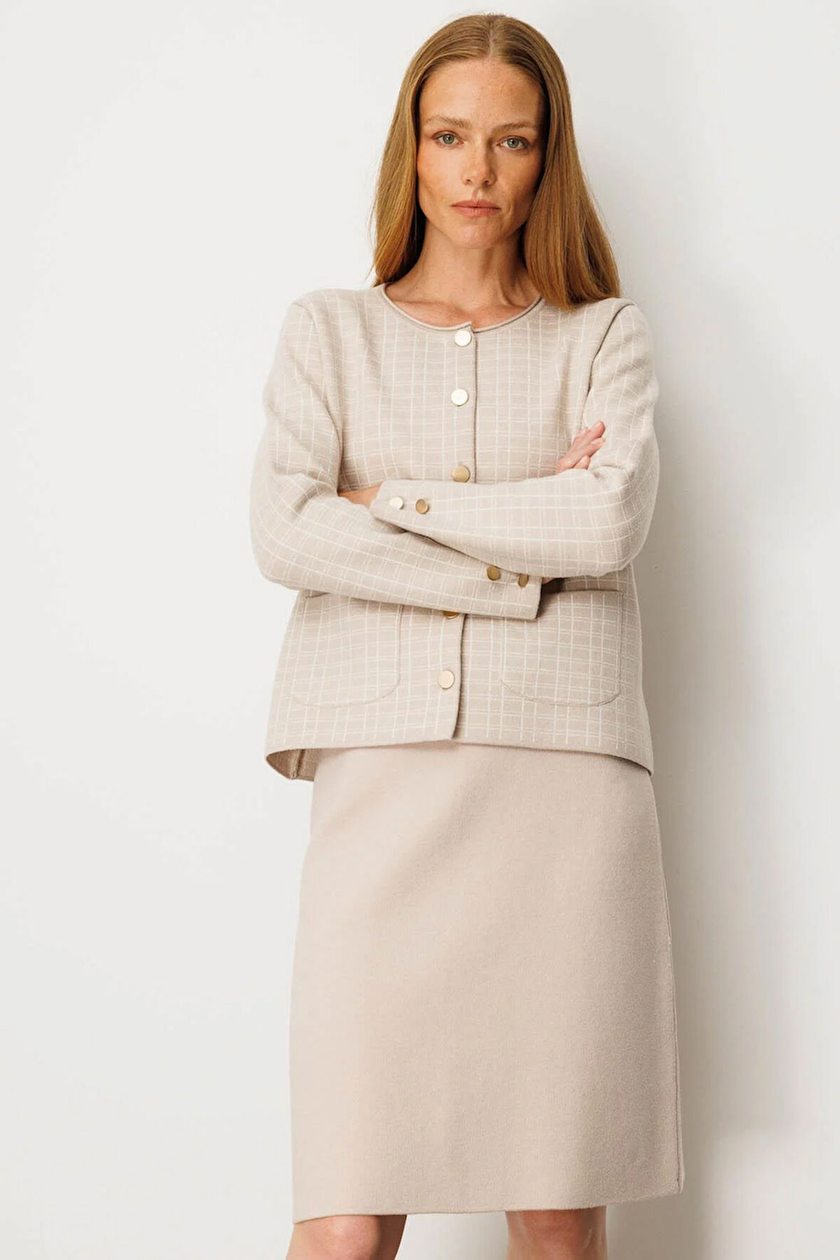 Kadın Triko Kareli Simli Ceket Bej