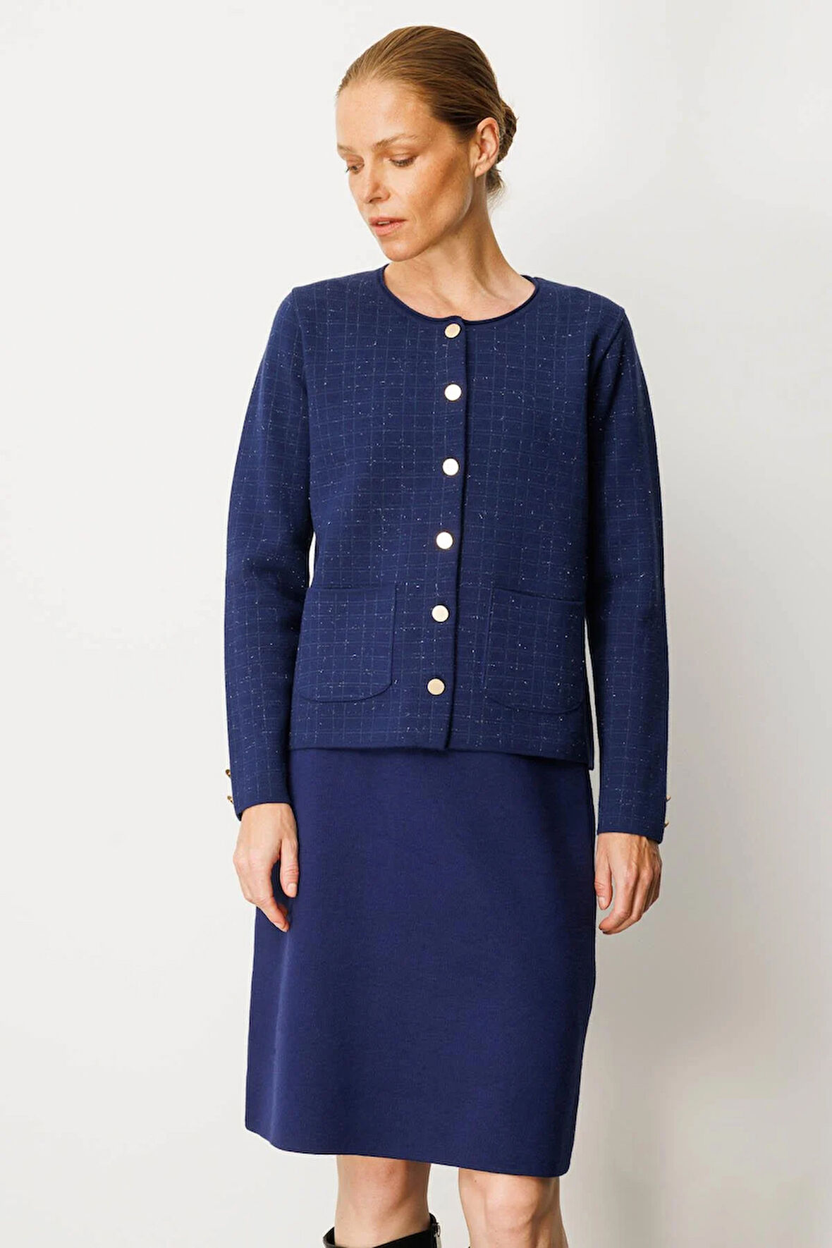 Kadın Triko Kareli Simli Ceket Lacivert