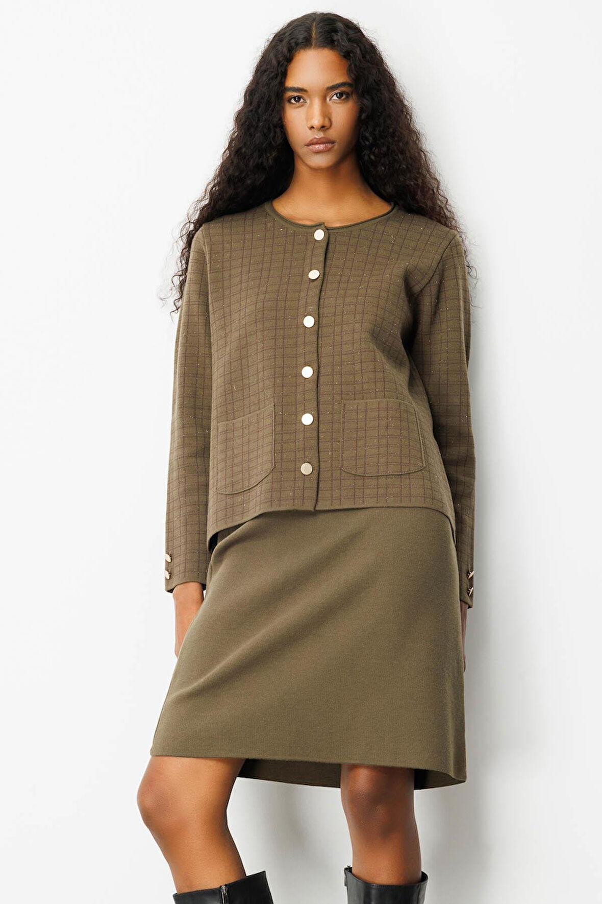 Kadın Triko Kareli Simli Ceket Haki