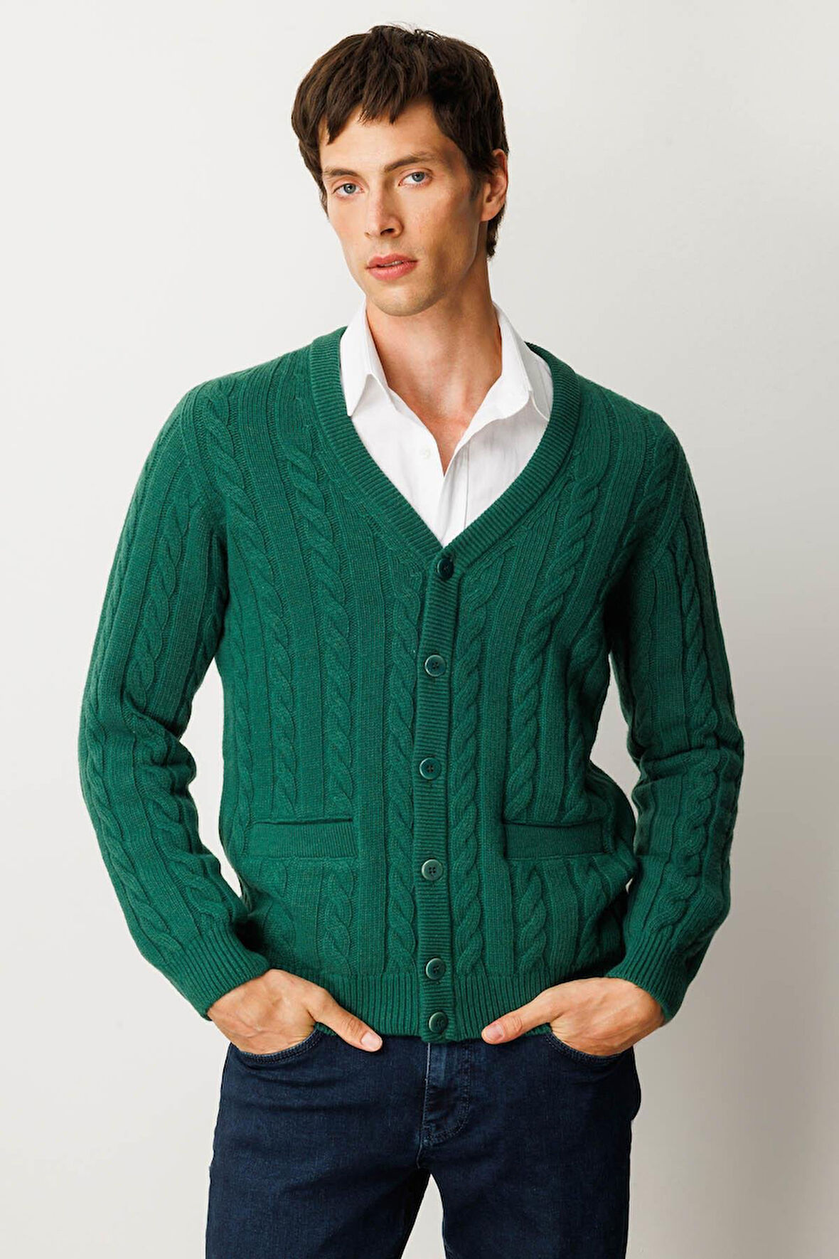 Erkek V Yaka Kalın Saç Örgülü Yün Ceket Ö.Başı