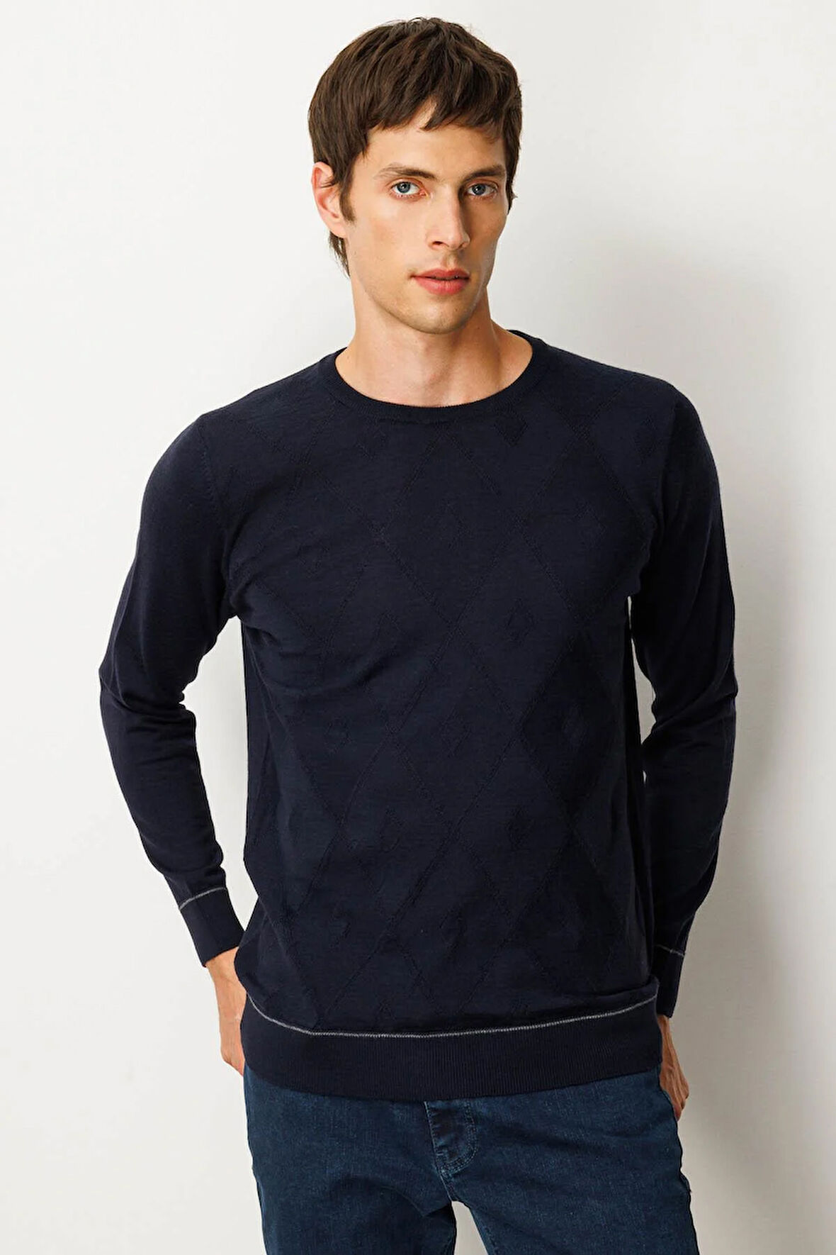 Erkek Sıfır Yaka Çizgili Baklavalı Yün Kazak K.Lacivert