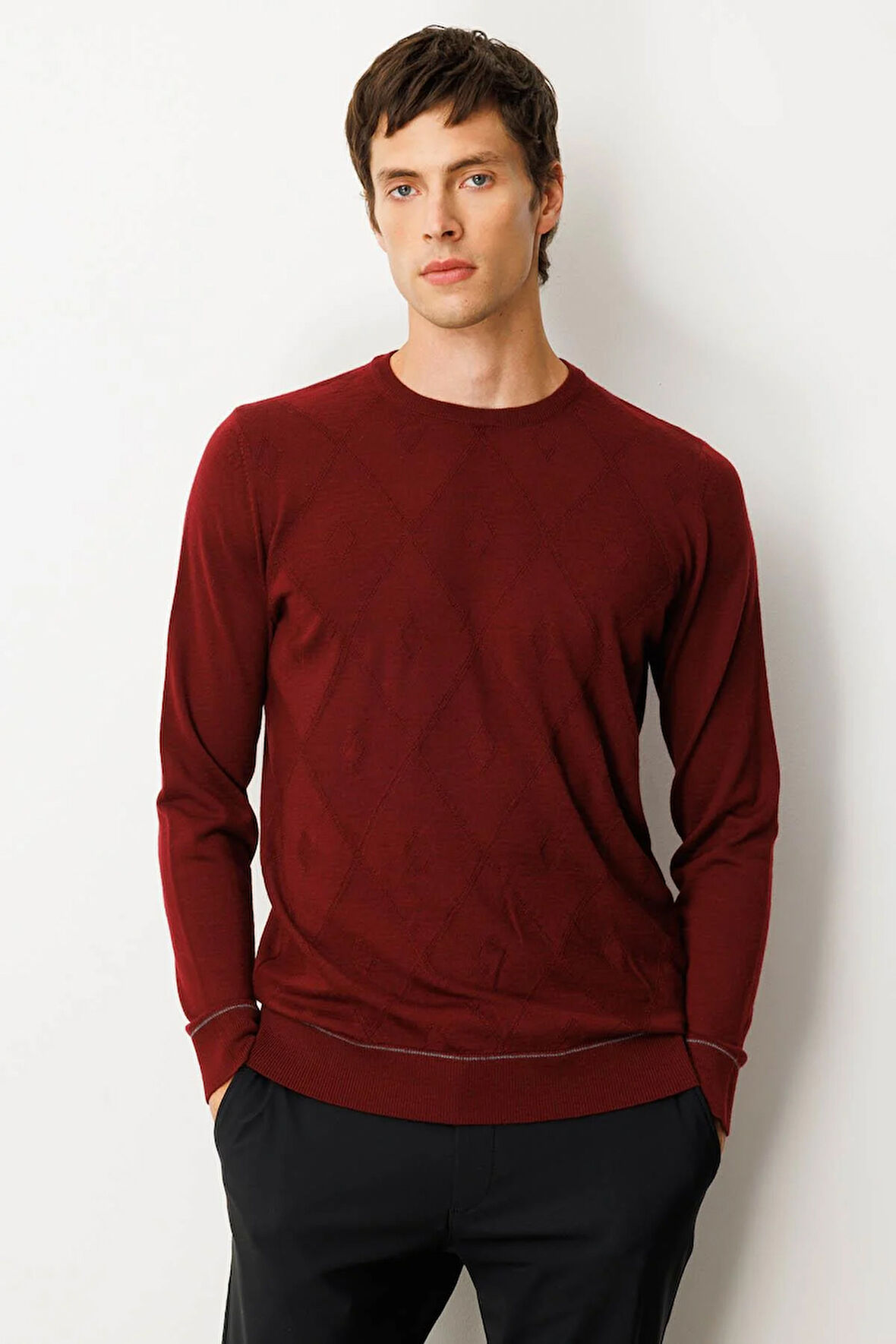 Erkek Sıfır Yaka Çizgili Baklavalı Yün Kazak Bordo