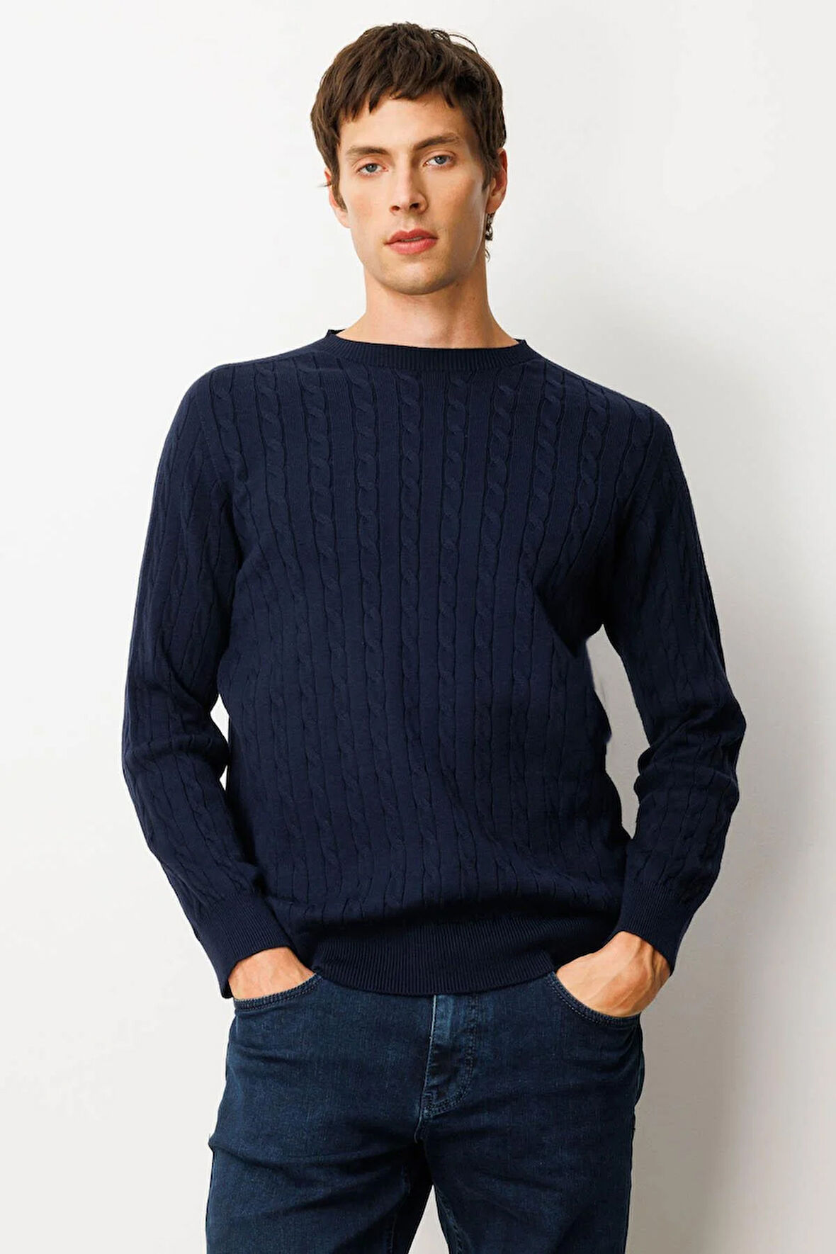 Erkek Sıfır Yaka Saç Örgülü Kazak K.Lacivert