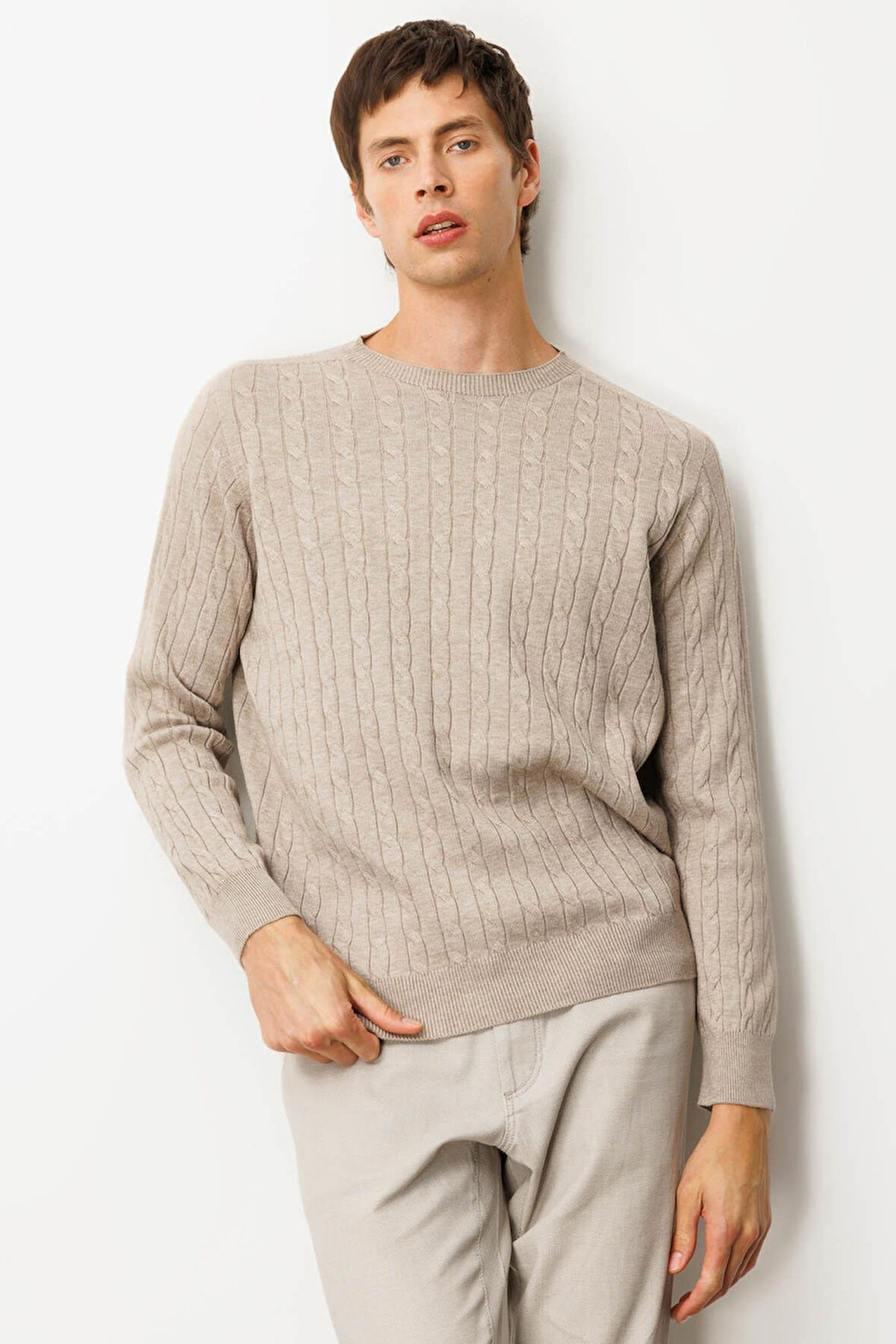 Erkek Sıfır Yaka Saç Örgülü Kazak Vizon