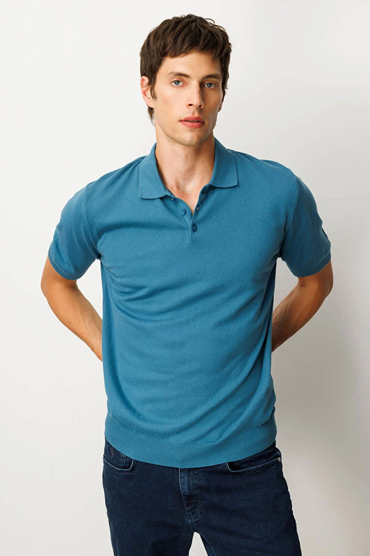 Erkek Polo Yaka %100 Pamuk Kısa Kol İnce Triko Mavi