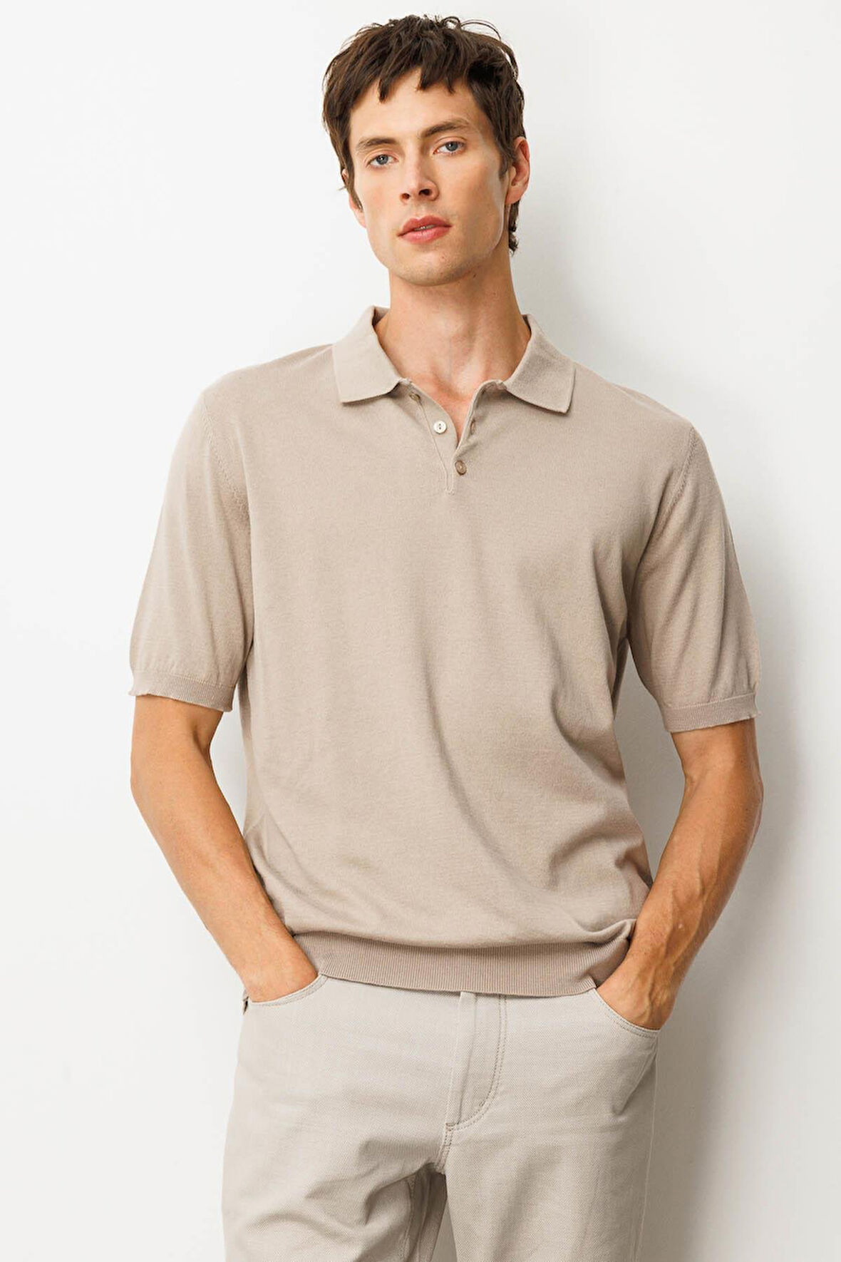 Erkek Polo Yaka %100 Pamuk Kısa Kol İnce Triko Vizon