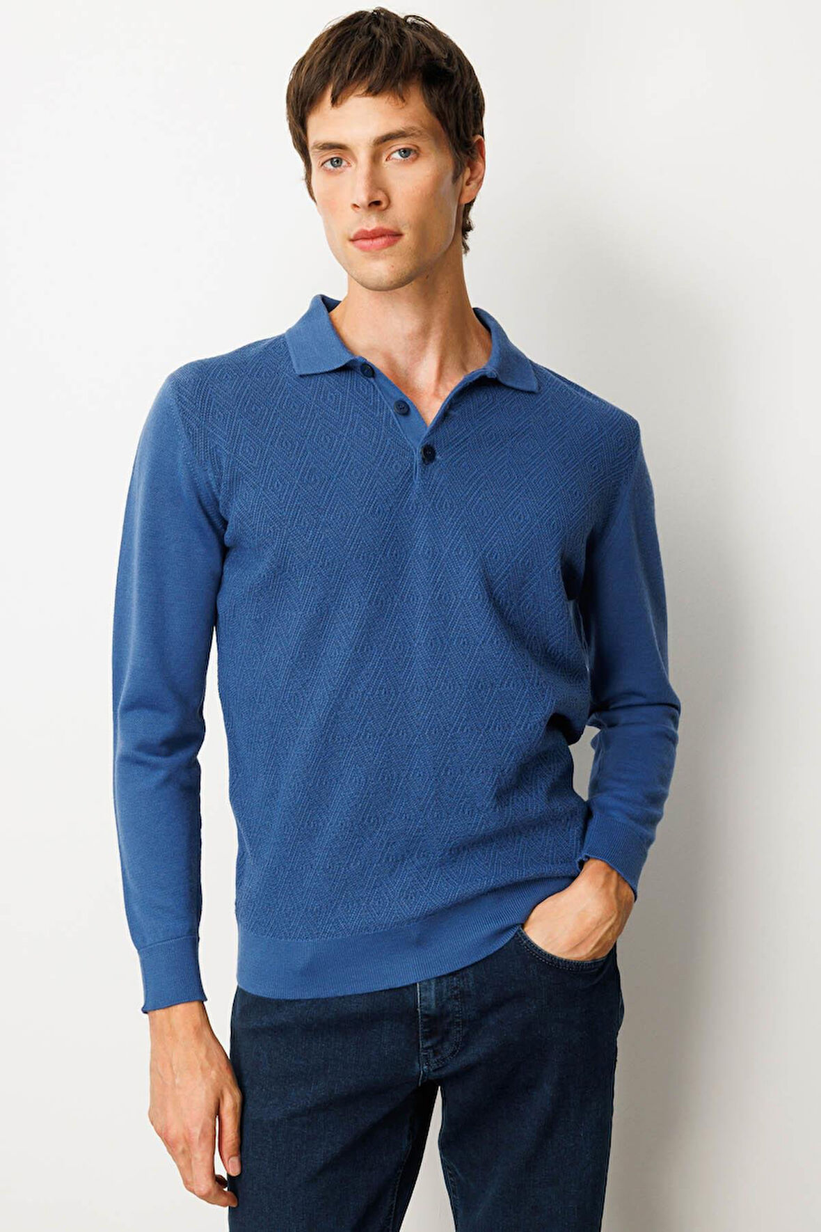 Erkek Polo Yaka Önü Baklavalı Triko Kazak H.Mavi