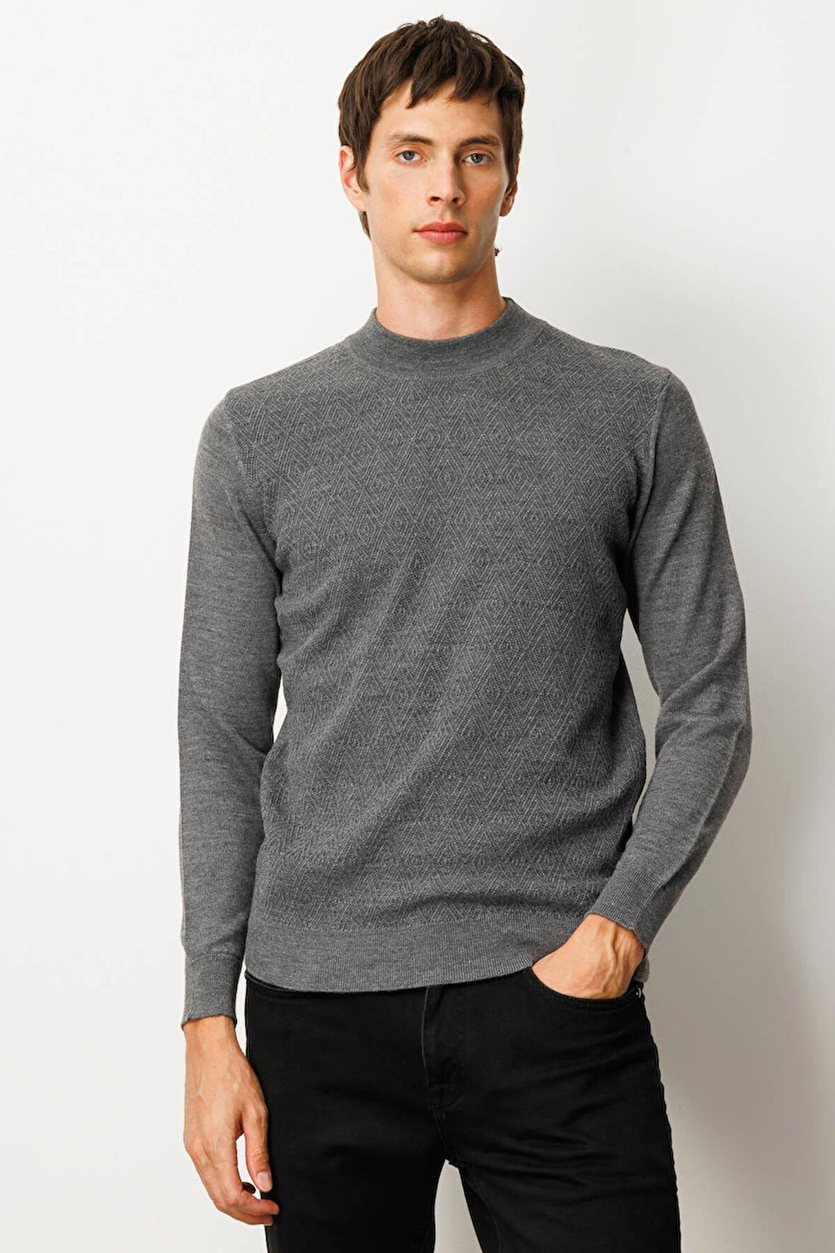 Erkek Yarım Balıkçı Yaka Önü Baklavalı Triko Kazak Füme