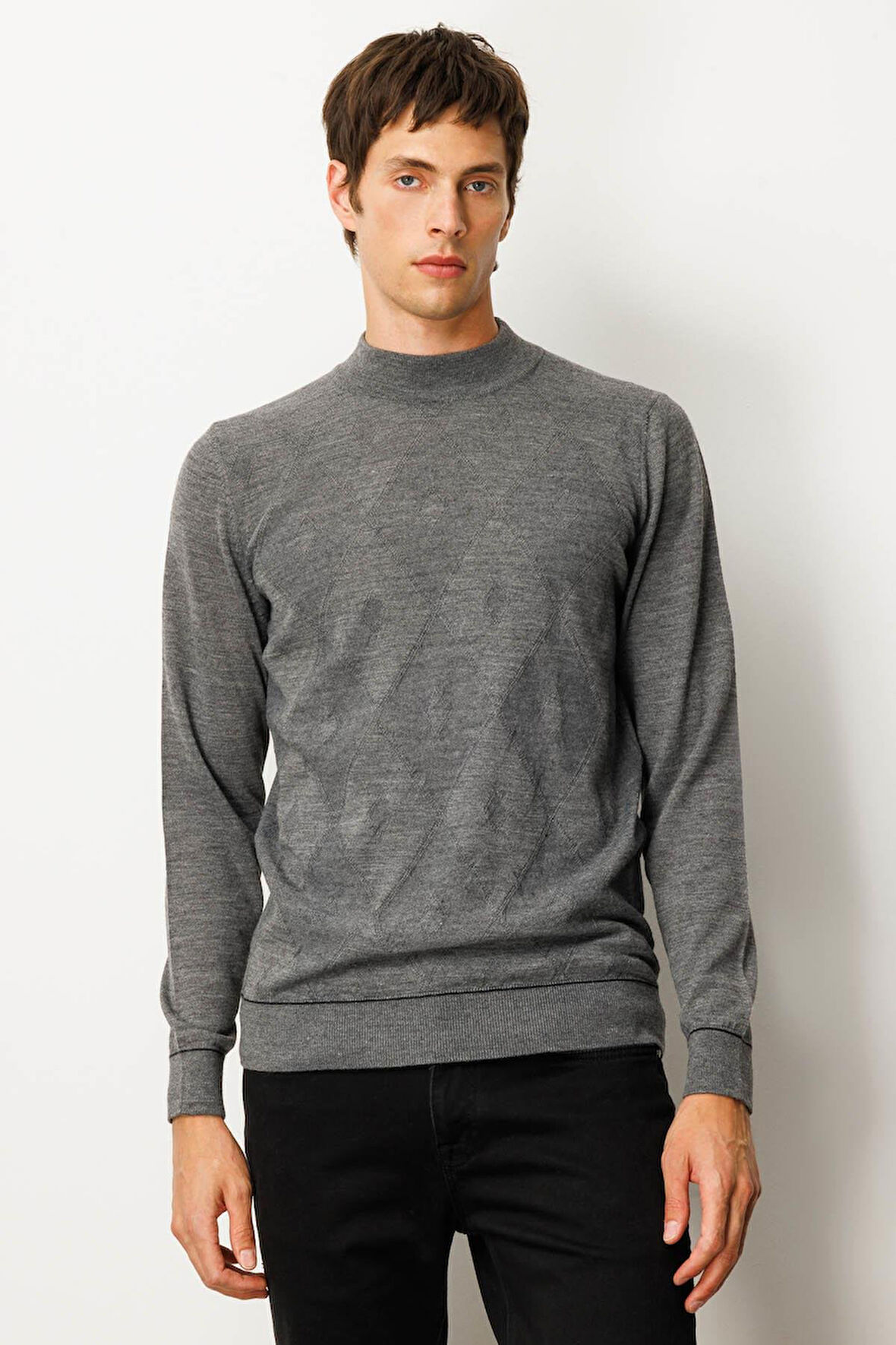 Erkek Yarım Balıkçı Yaka Çizgili Baklavalı Yün Kazak Füme