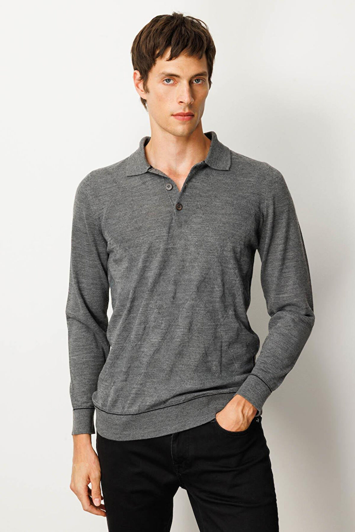 Erkek Polo Yaka Çizgili Baklavalı Yün Kazak Füme