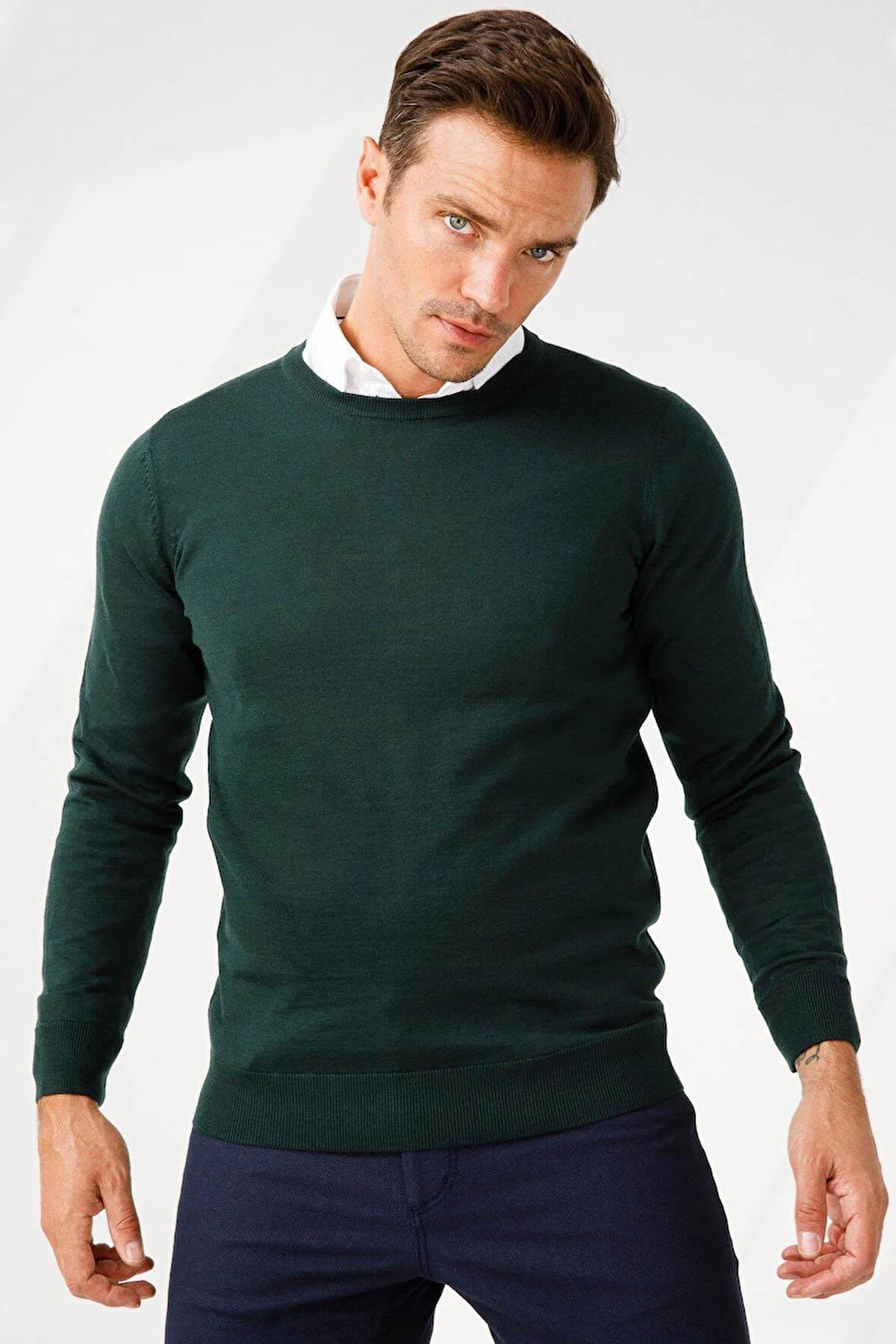 Erkek Basic Sıfır Yaka İnce Triko Kazak Yeşil