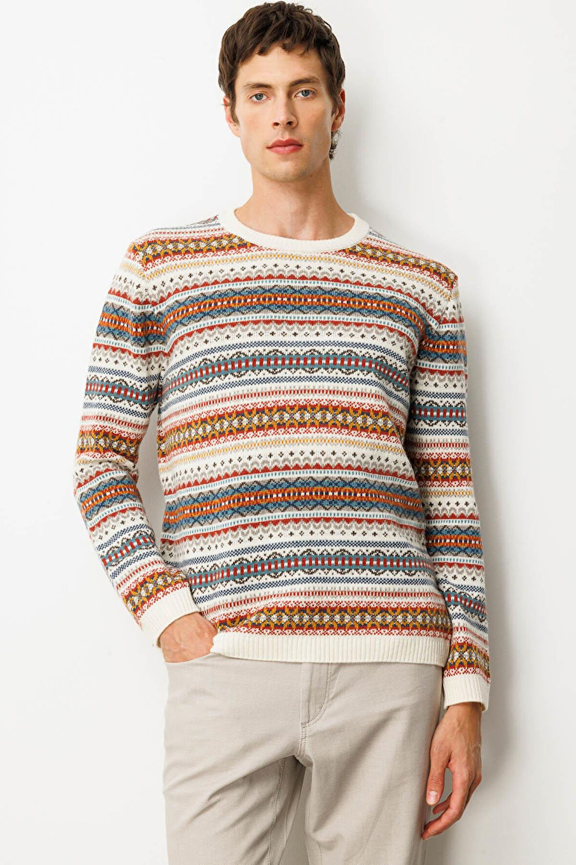 Erkek Sıfır Yaka Jakarlı Yün Kazak Kemik