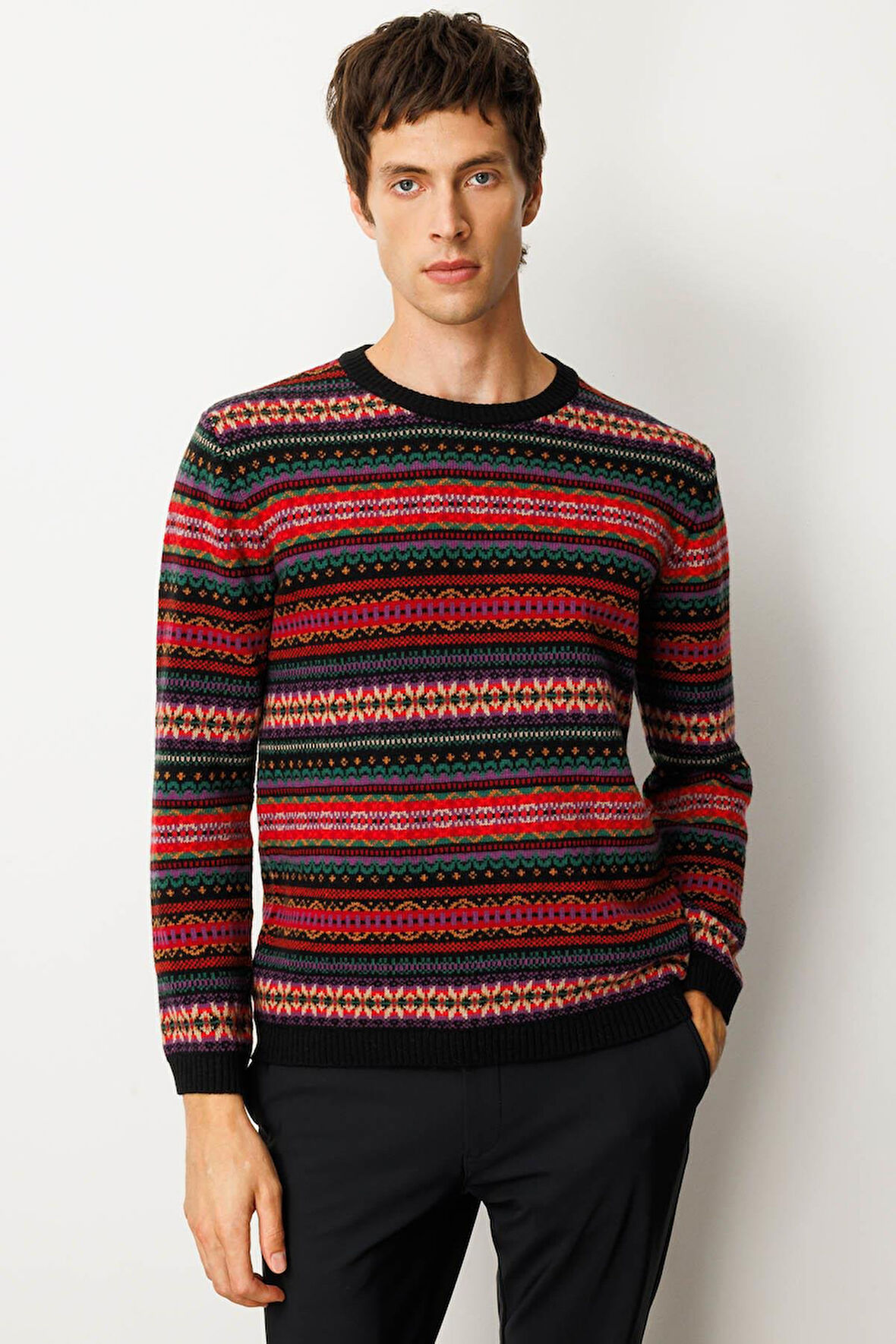 Erkek Sıfır Yaka Jakarlı Yün Kazak Siyah