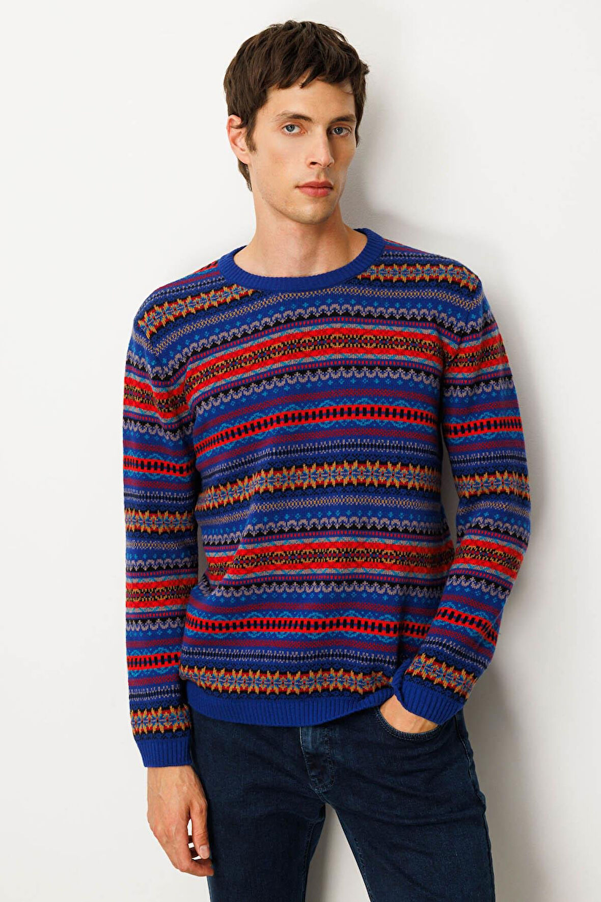 Erkek Sıfır Yaka Jakarlı Yün Kazak K.S.Mavi