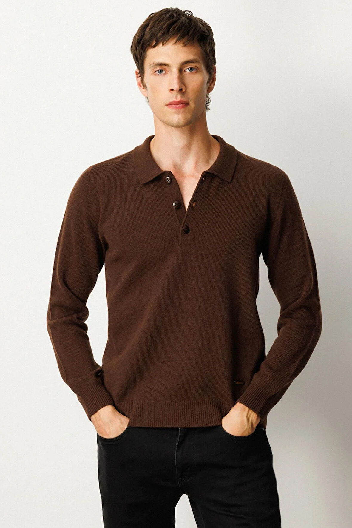 Erkek Polo Yaka Basic Yün Kazak M.Kahve