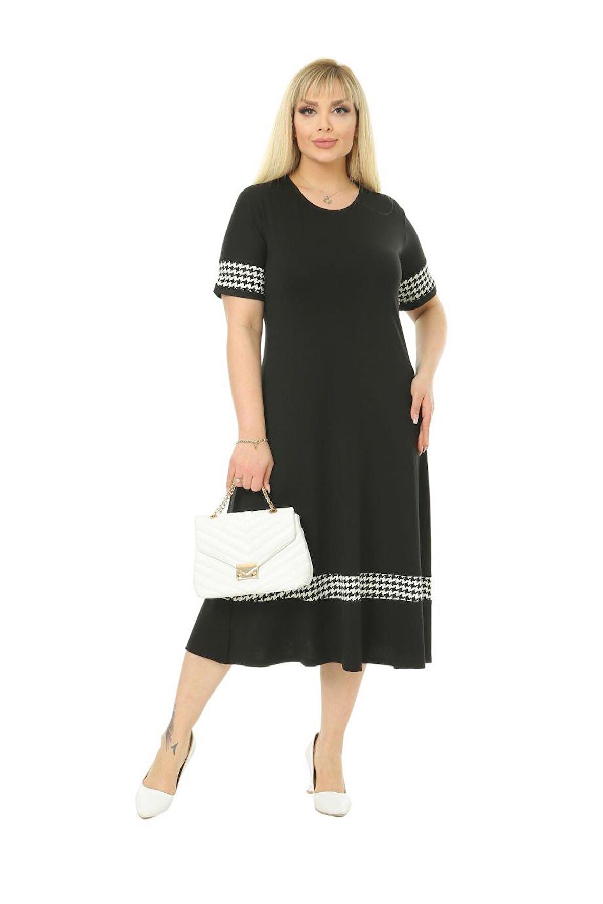 Melsay Butik Kazayağı Şerit Detaylı Kadın Büyük Beden Midi Elbise