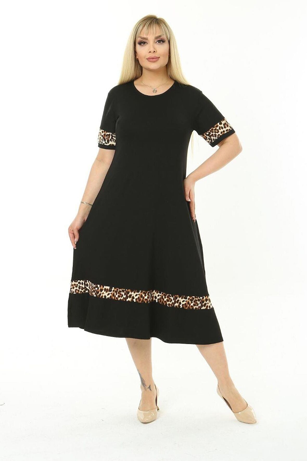 Melsay Butik Leopar Şeritli Siyah Kadın Büyük Beden Midi Elbise