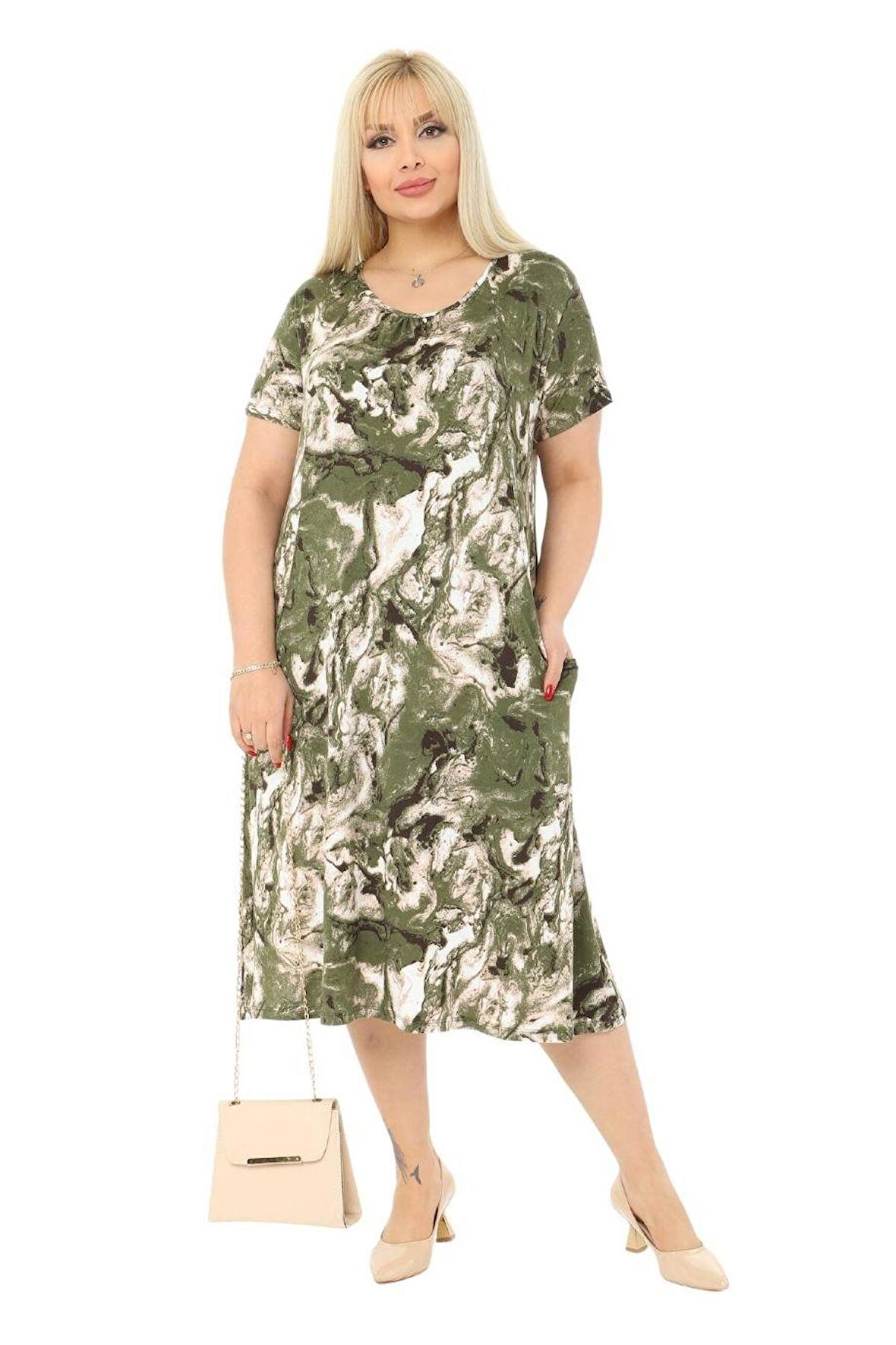 Melsay Butik Yeşil Batik Kuplu Cepli Kısa Kol Kadın Midi Elbise