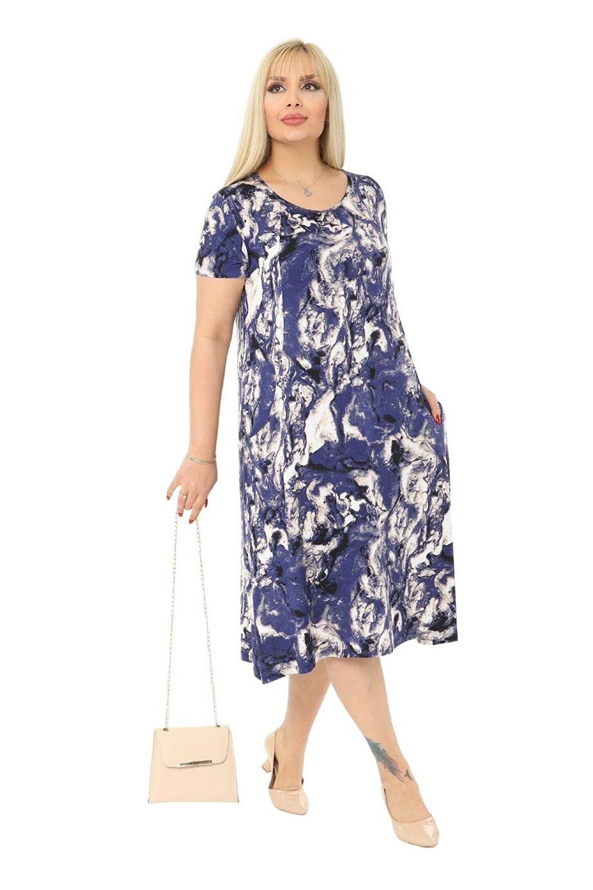 Melsay Butik Mavi Batik Kuplu Cepli Kısa Kol Kadın Midi Elbise