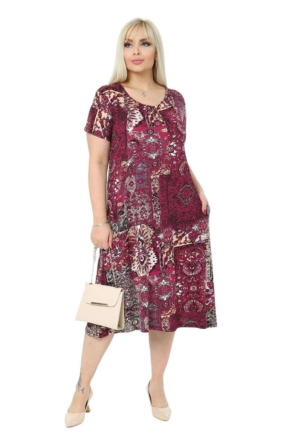 Melsay Butik Bordo Etnik Kuplu Cepli Kısa Kol Kadın Midi Elbise