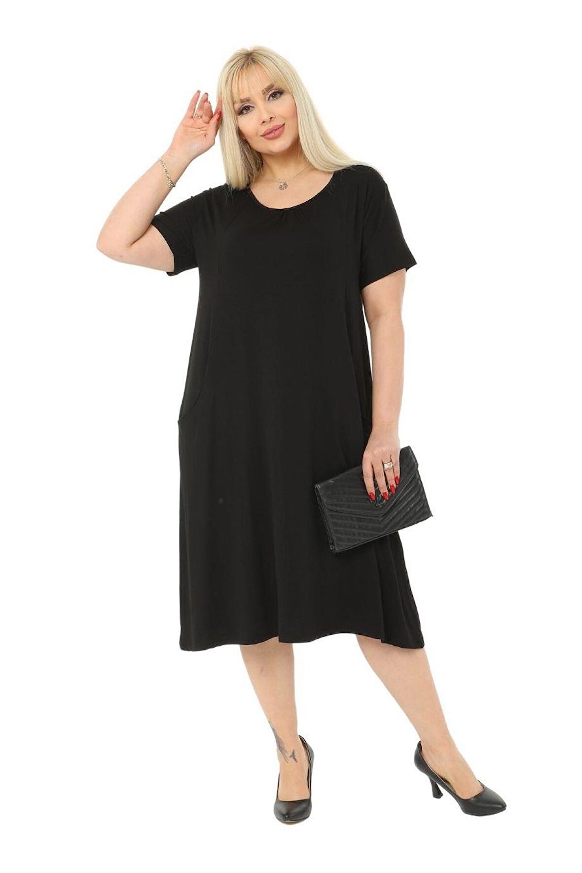 Melsay Butik Siyah Kuplu Cepli Kısa Kol Kadın Midi Elbise