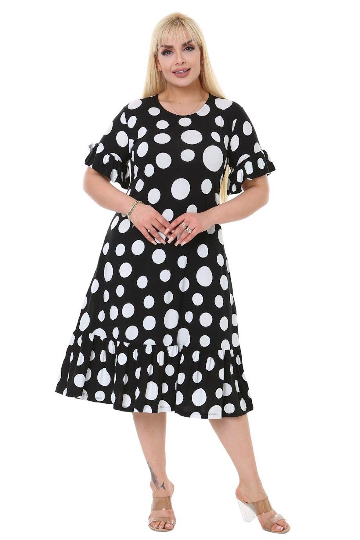 Melsay Butik Puantiye Desen Cepli Fırfırlı Kısa Kol Kadın Midi Elbise