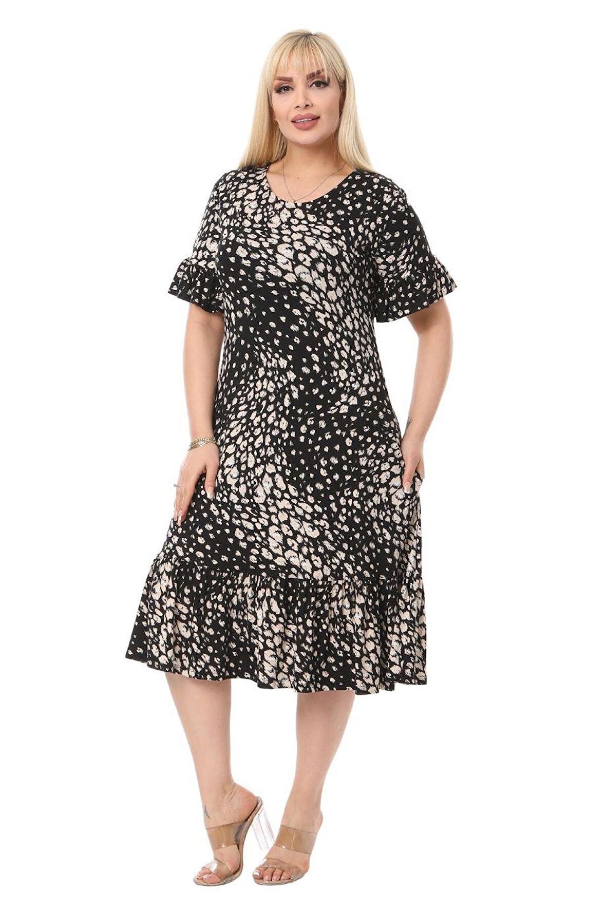 Melsay Butik Çakıltaşı Desen Cepli Fırfırlı Kısa Kol Kadın Midi Elbise