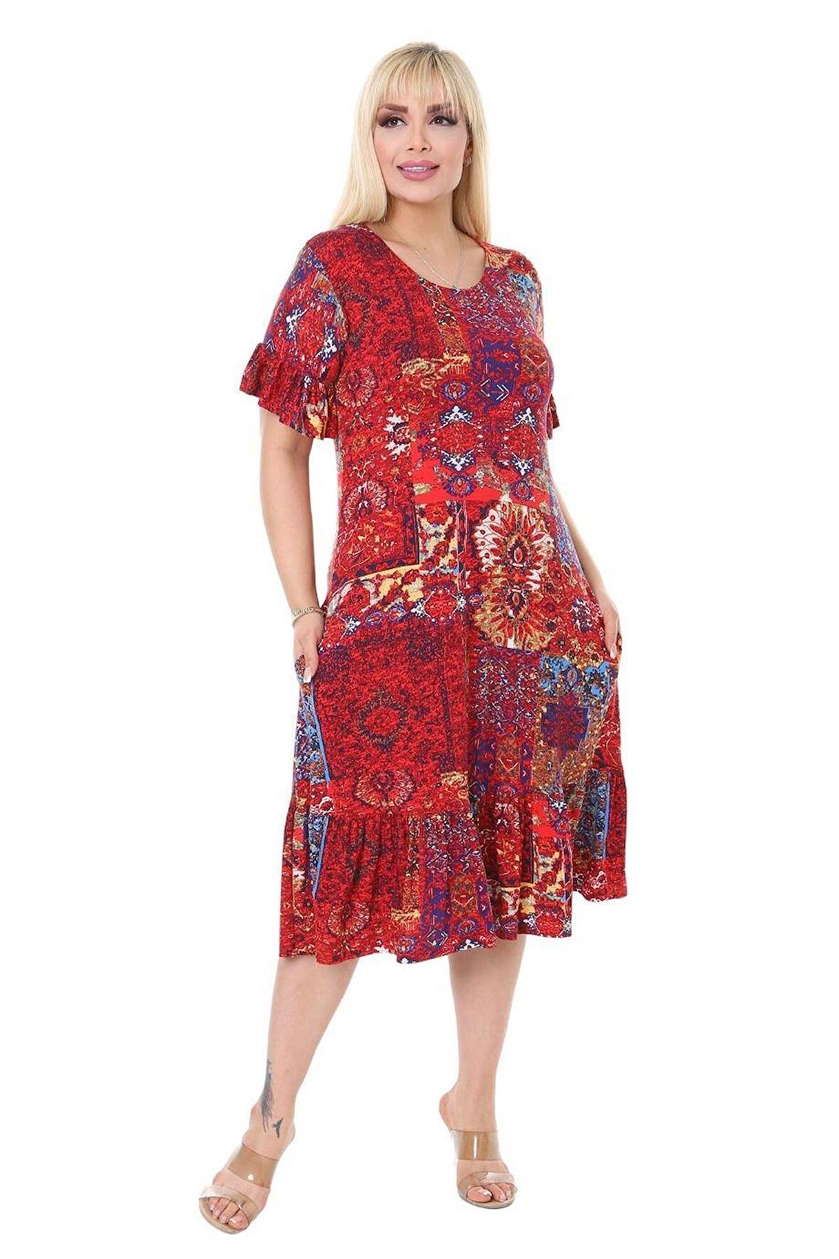 Melsay Butik Kırmızı Etnik Fırfırlı Kısa Kollu Kadın Midi Elbise
