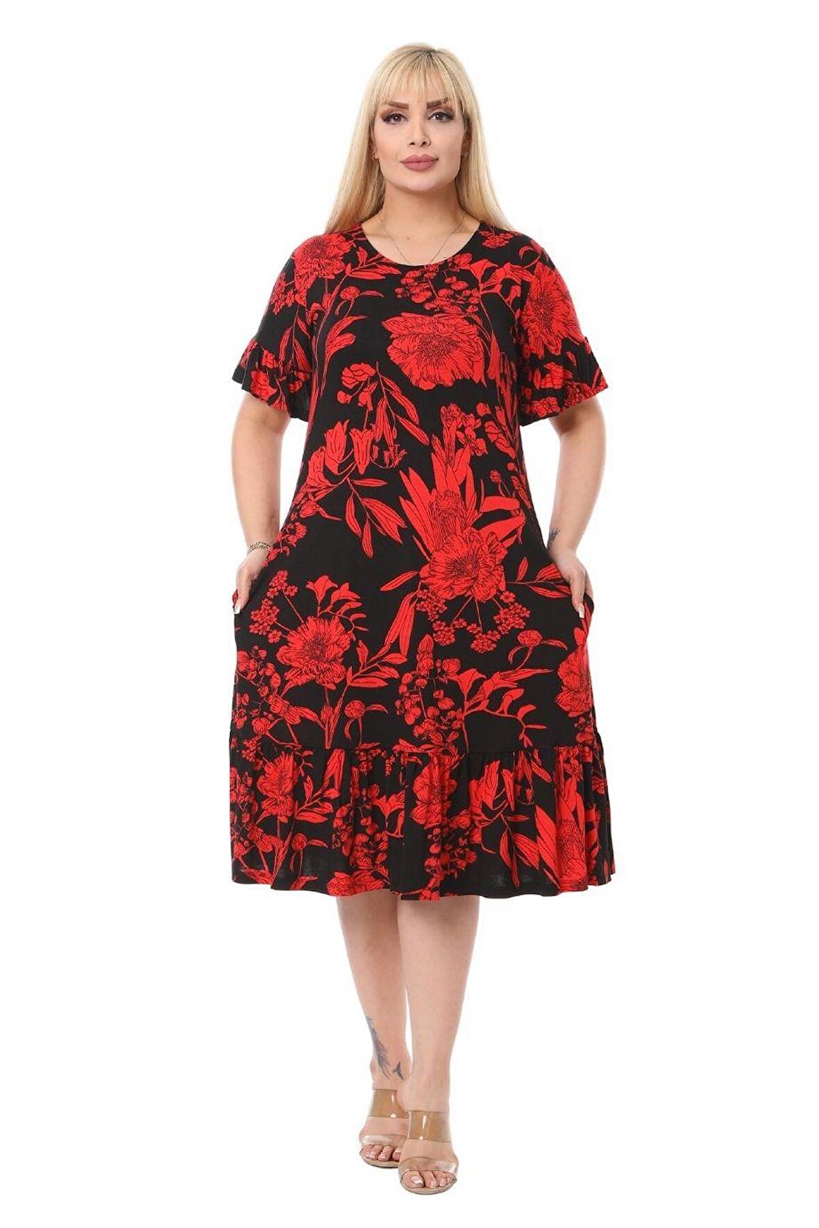 Melsay Butik Kırmızı Palmiye Fırfırlı Kısa Kollu Kadın Midi Elbise