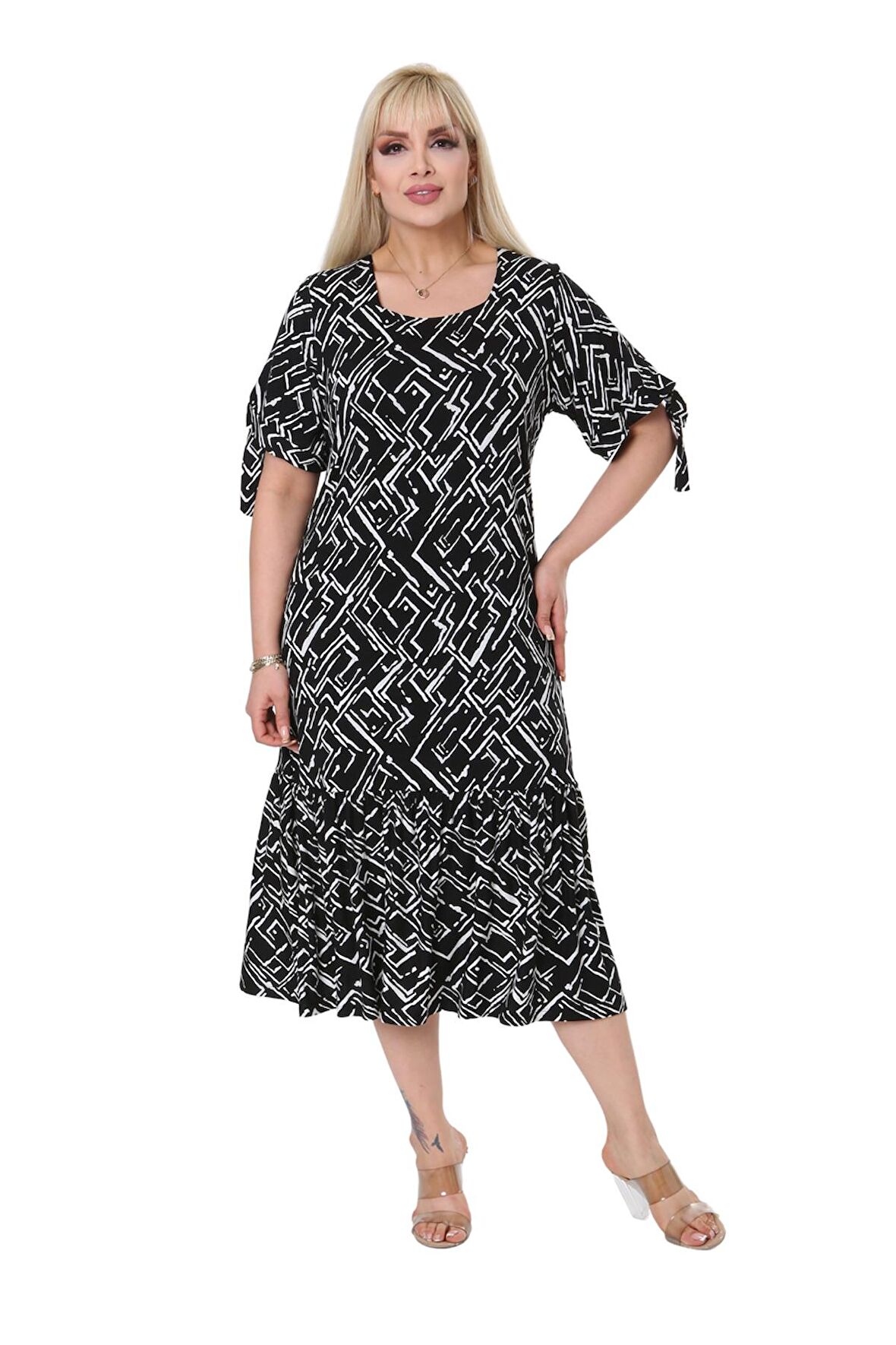 Melsay Butik Zigzag Çizgili Bağlamalı Kısa Kollu Kadın Midi Elbise