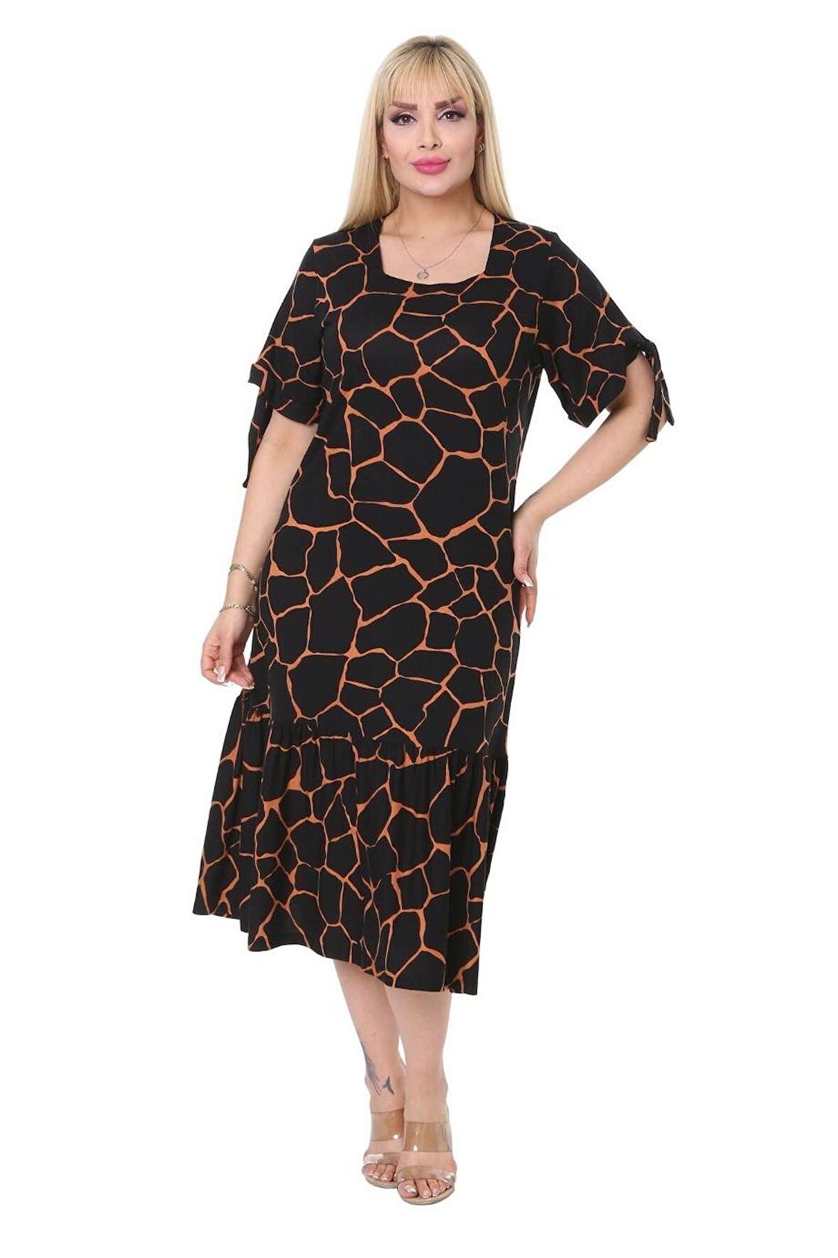 Melsay Butik Geometrik Bağlamalı Kısa Kol Siyah Kadın Midi Elbise