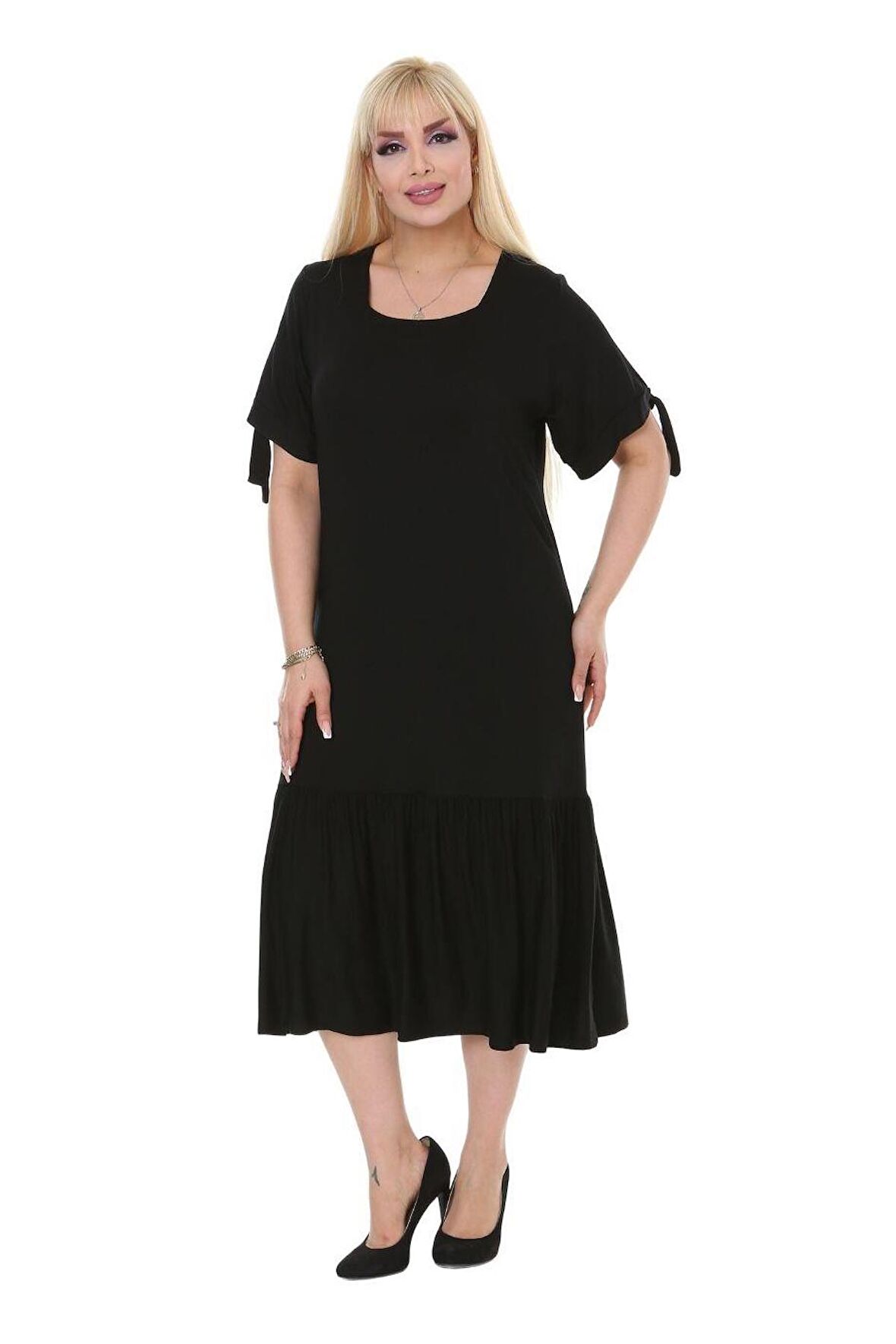 Melsay Butik Düz Siyah Bağlamalı Kısa Kollu Kadın Midi Elbise