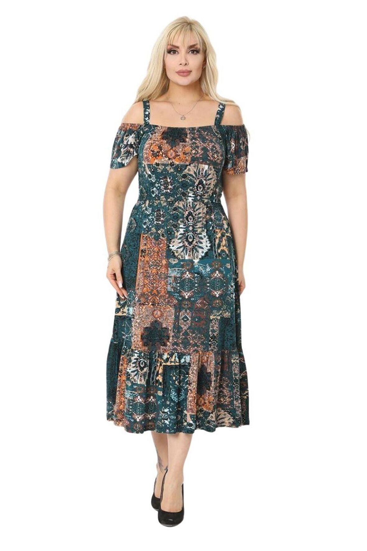 Melsay Butik Petrol Yeşili Askılı Madonna Yaka Midi Elbise