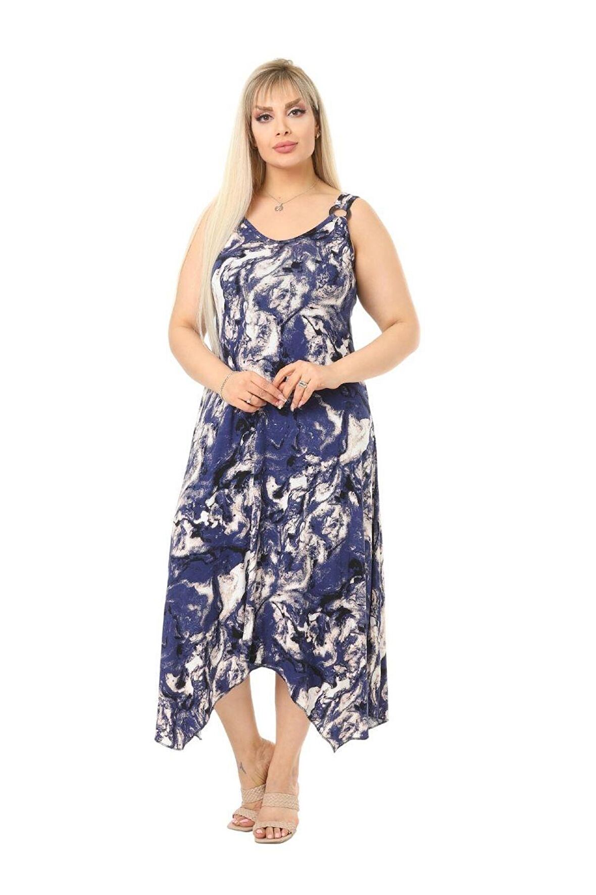 Melsay Butik Mavi Batik Desen Askılı V Yaka Uzun Elbise